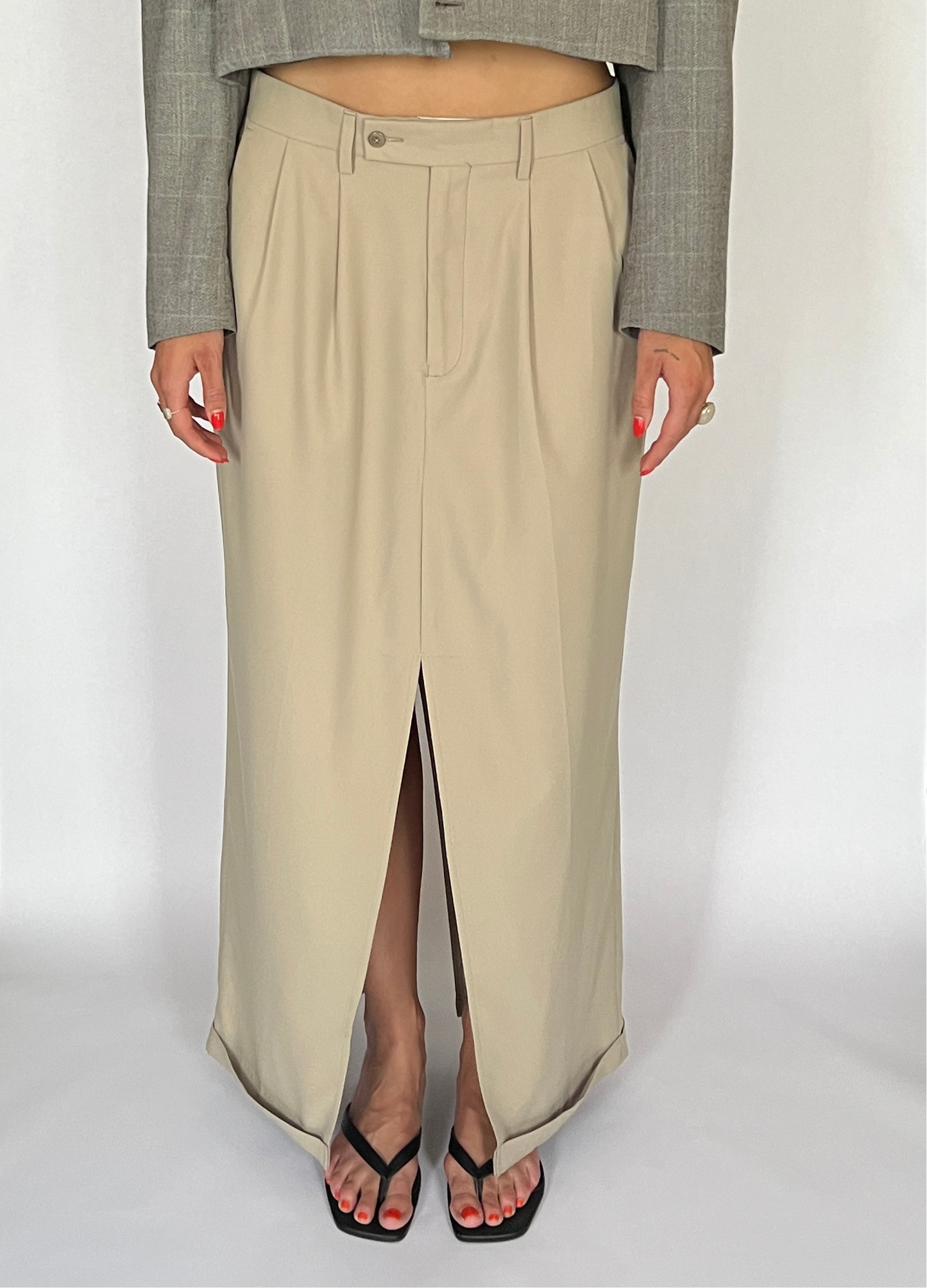 CUSTOM VTG COTTON & SILK TROUSER MAXI SKIRT, LATTE