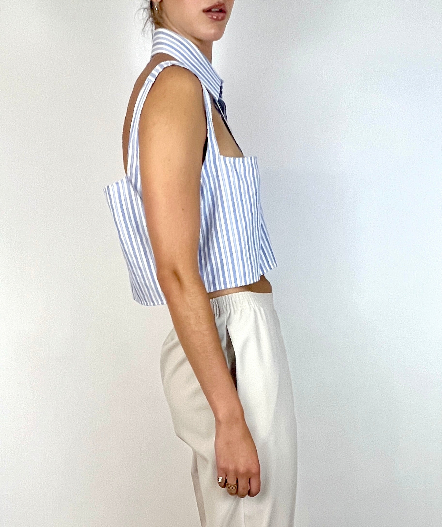 CUSTOM VTG HUGO BOSS COTTON OXFORD, HALTER TANK. BLUE STRIPE