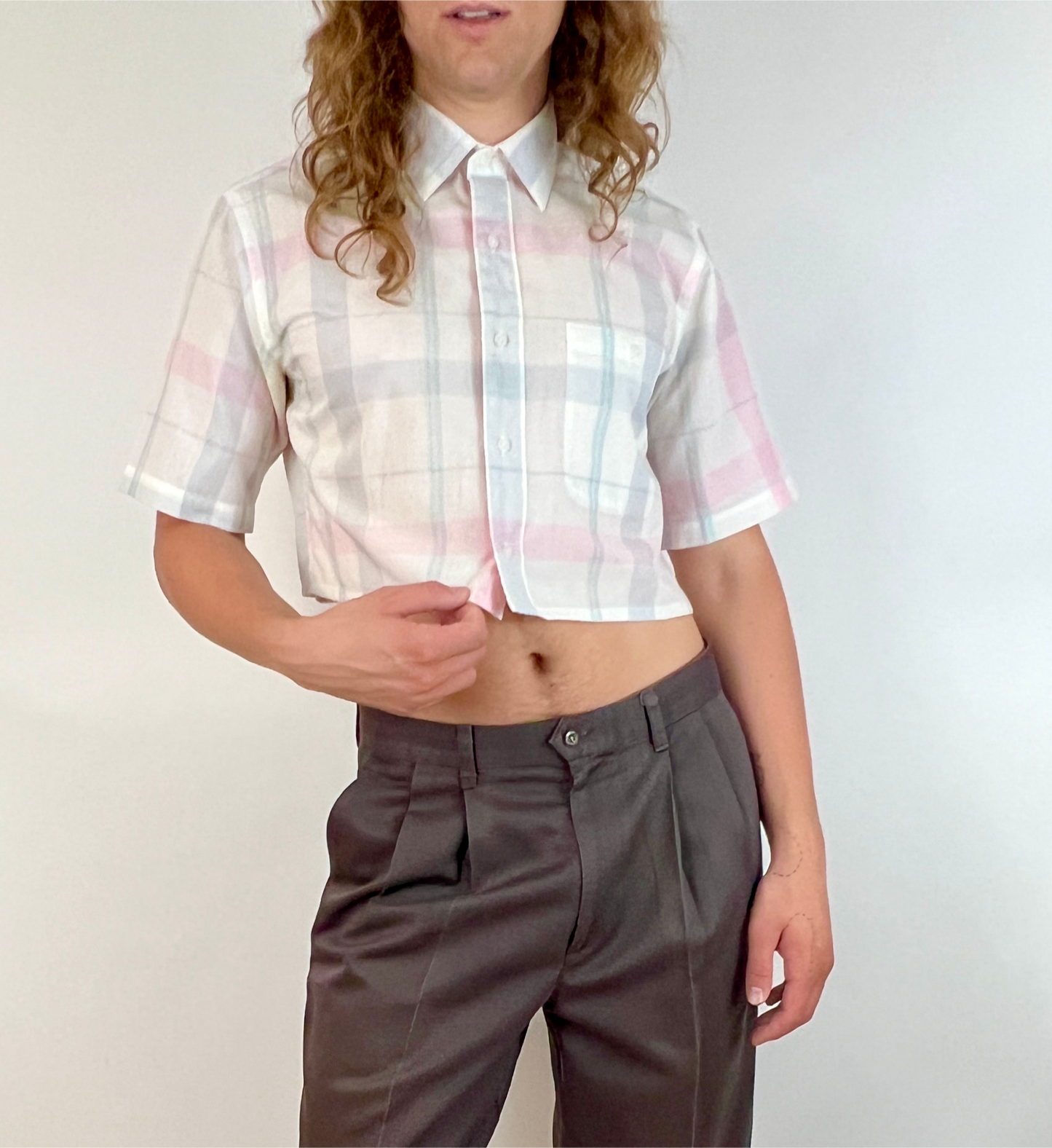 CUSTOM VTG CHRISTIAN DIOR OXFORD, SS PINK/GREY PLAID.  CROPPED