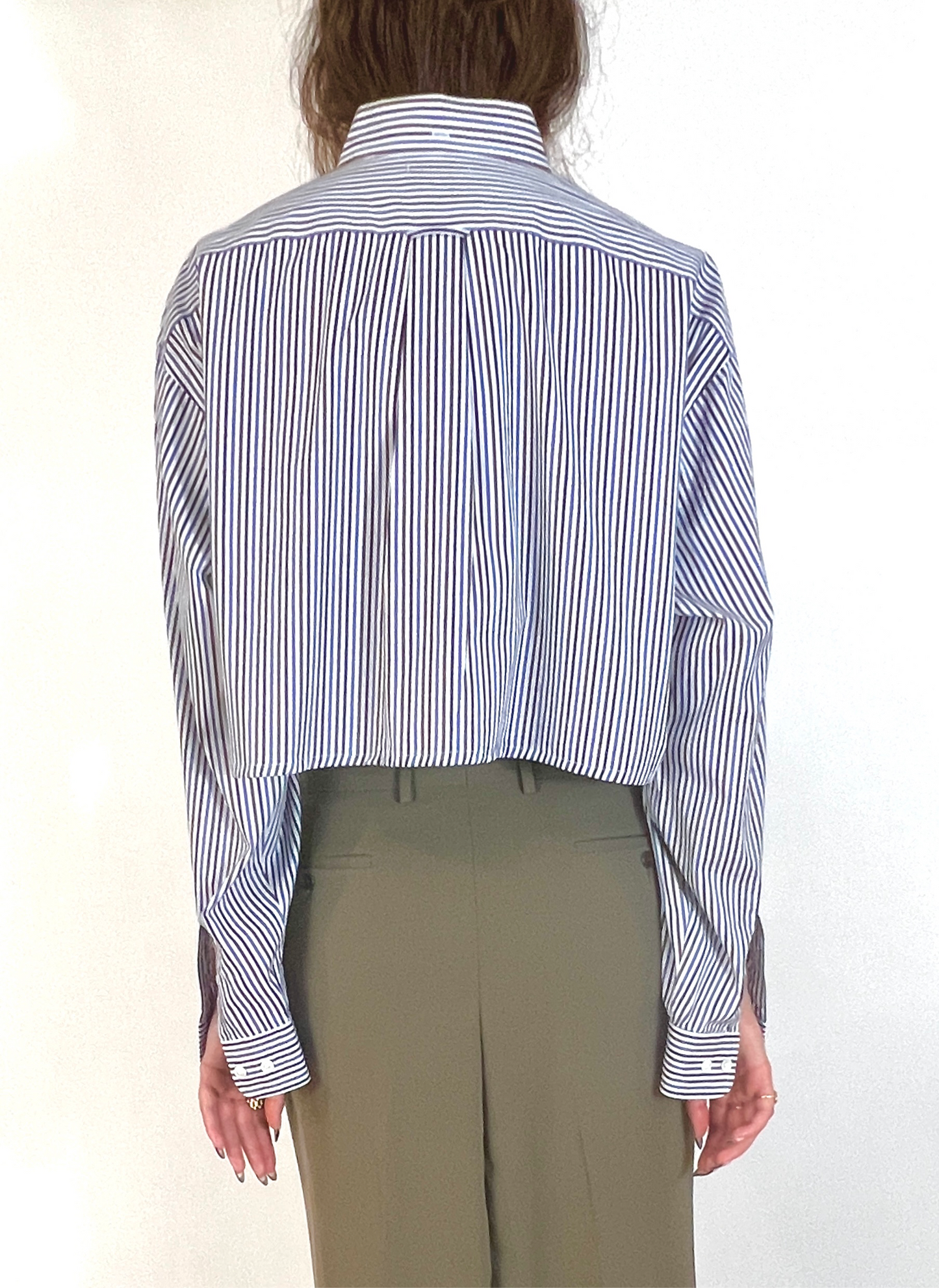 CUSTOM VTG COTTON OXFORD, BLUE & BROWN STRIPE. CROPPED