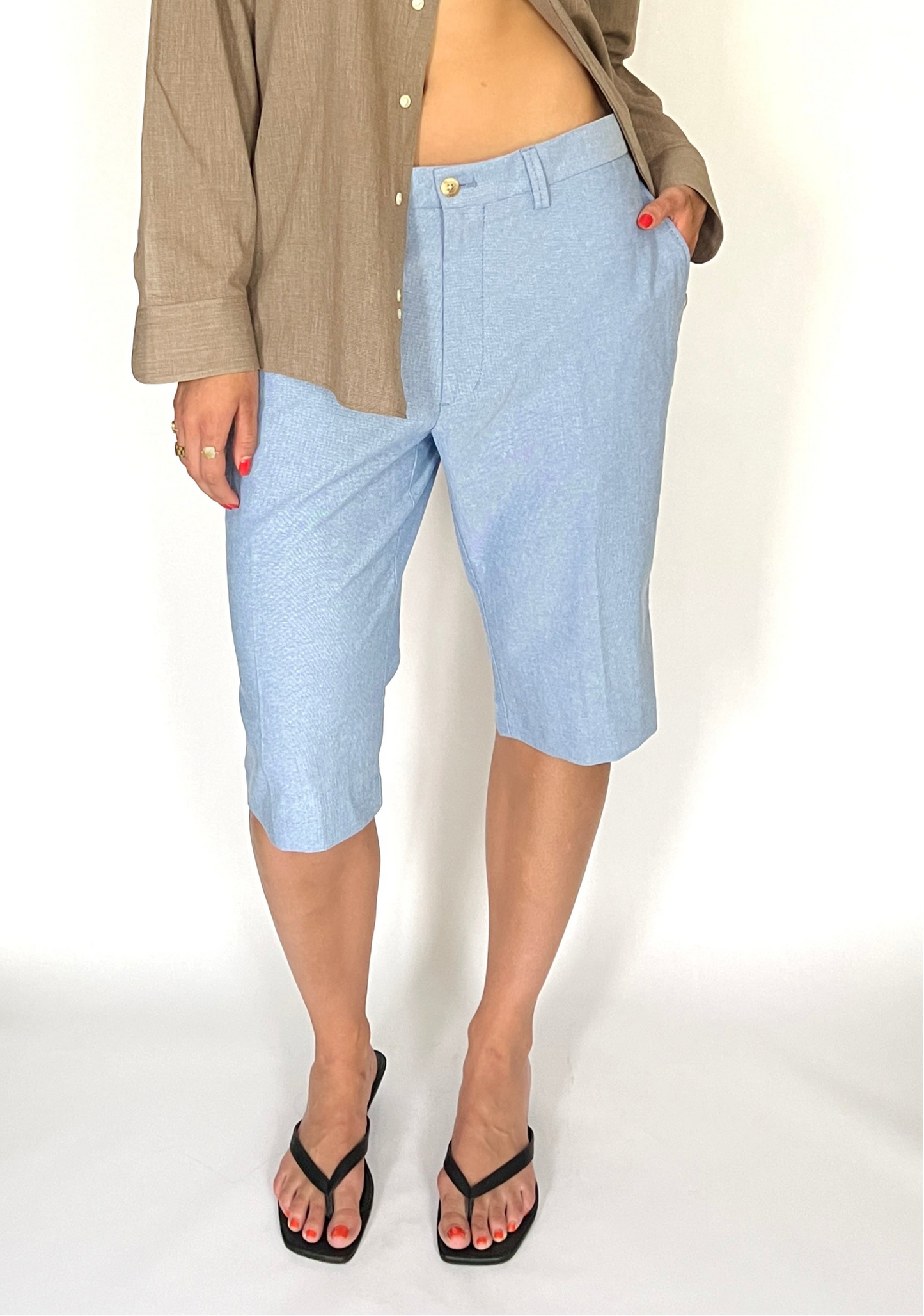 CUSTOM VTG COTTON PLEATED LONG SHORTS, SKY