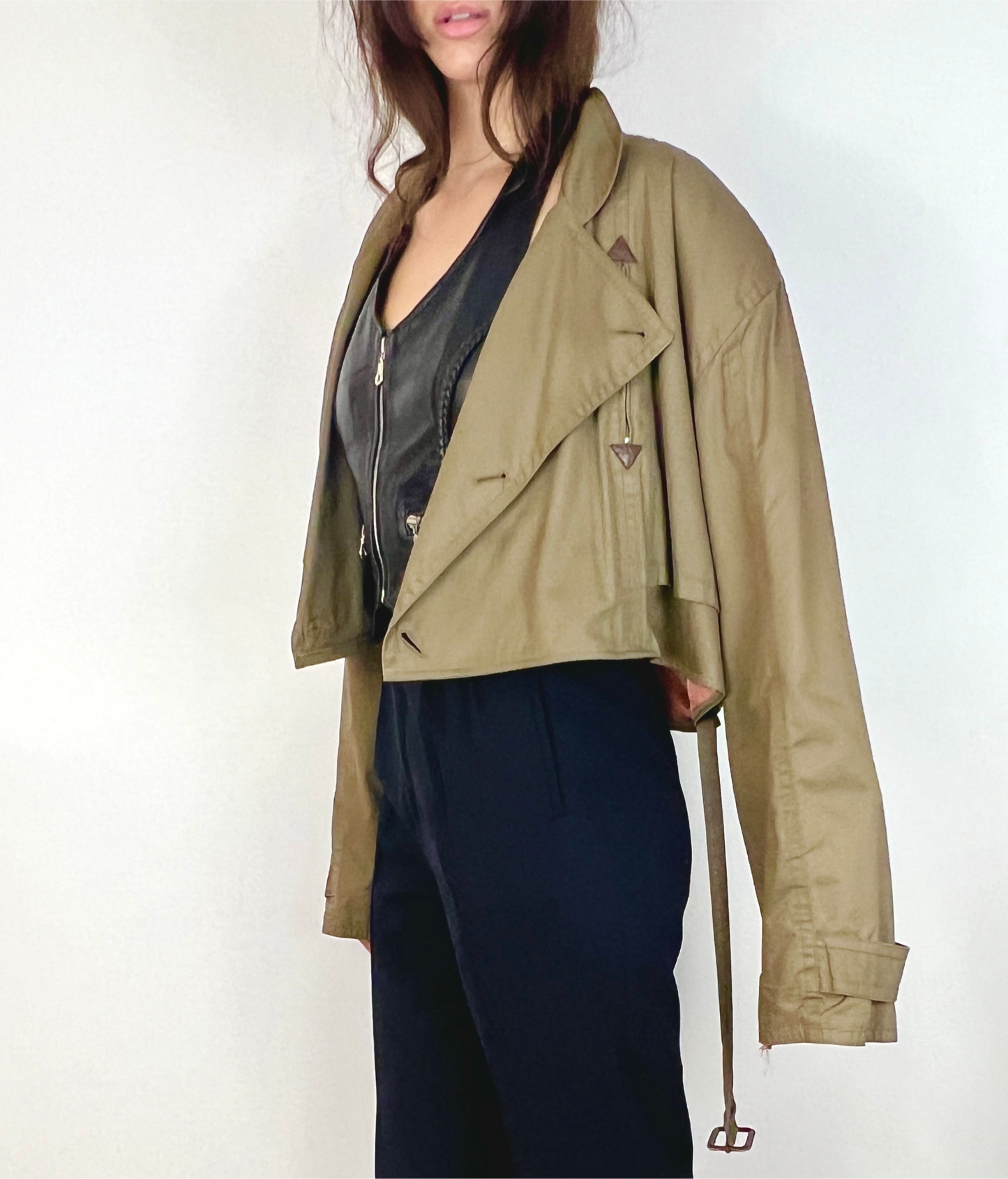 CUSTOM VTG OVERSIZED TRENCH, CROPPED JACKET. ARTICHOKE