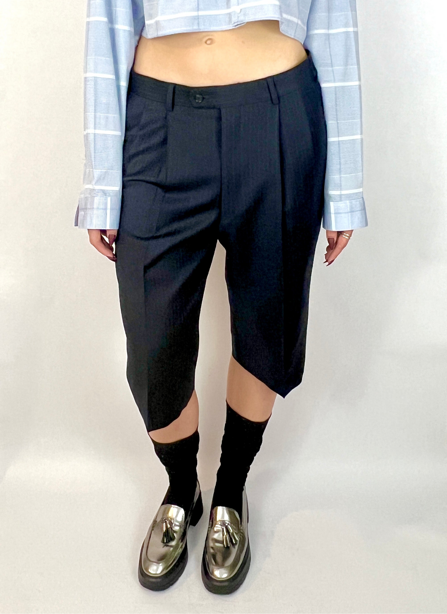 CUSTOM VTG WOOL PLEATED WIDE LEG SHORTS, CHAR STRIPE