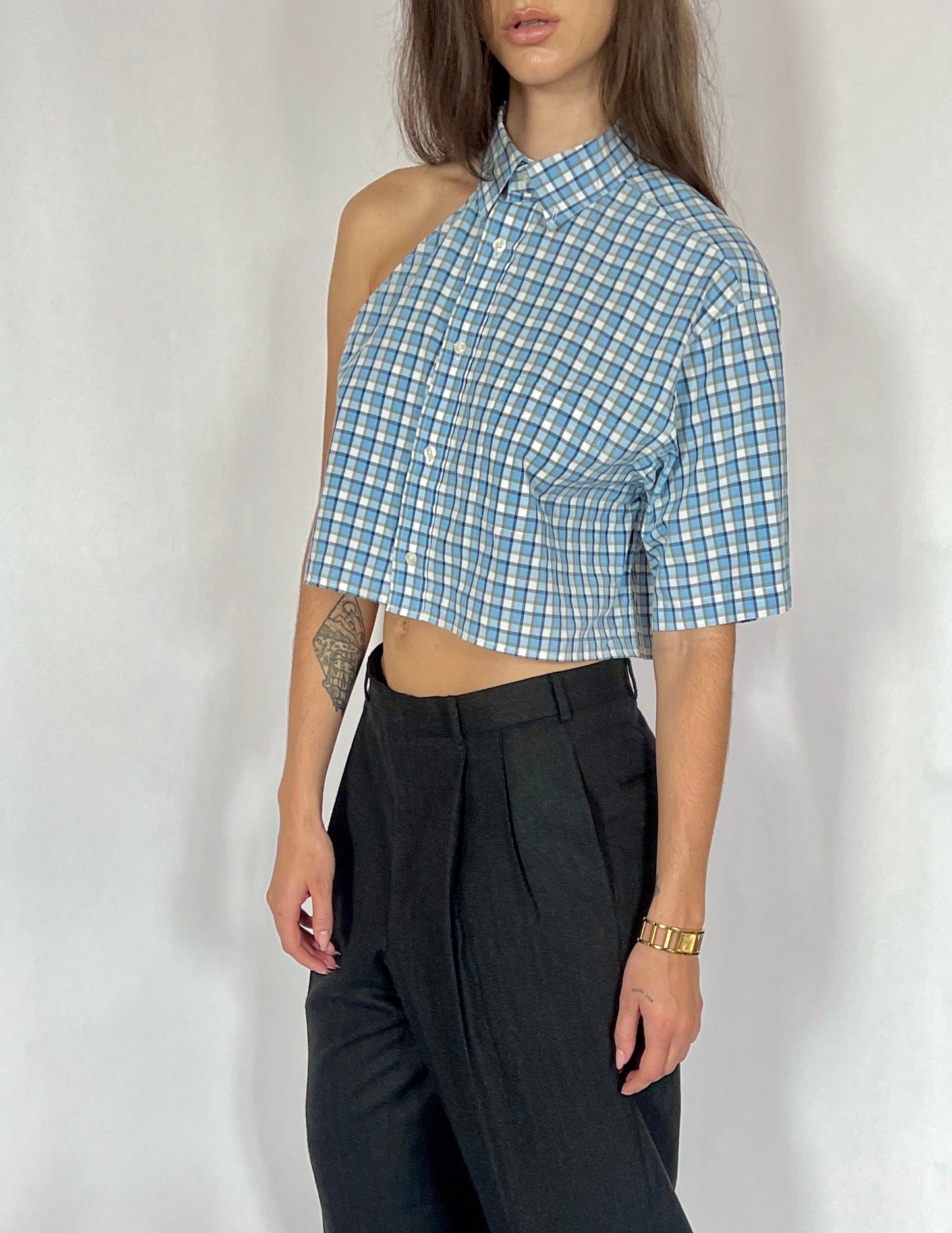 CUSTOM VTG COTTON OXFORD, BLUE PLAID.  CROPPED, ONE SHOULDER.