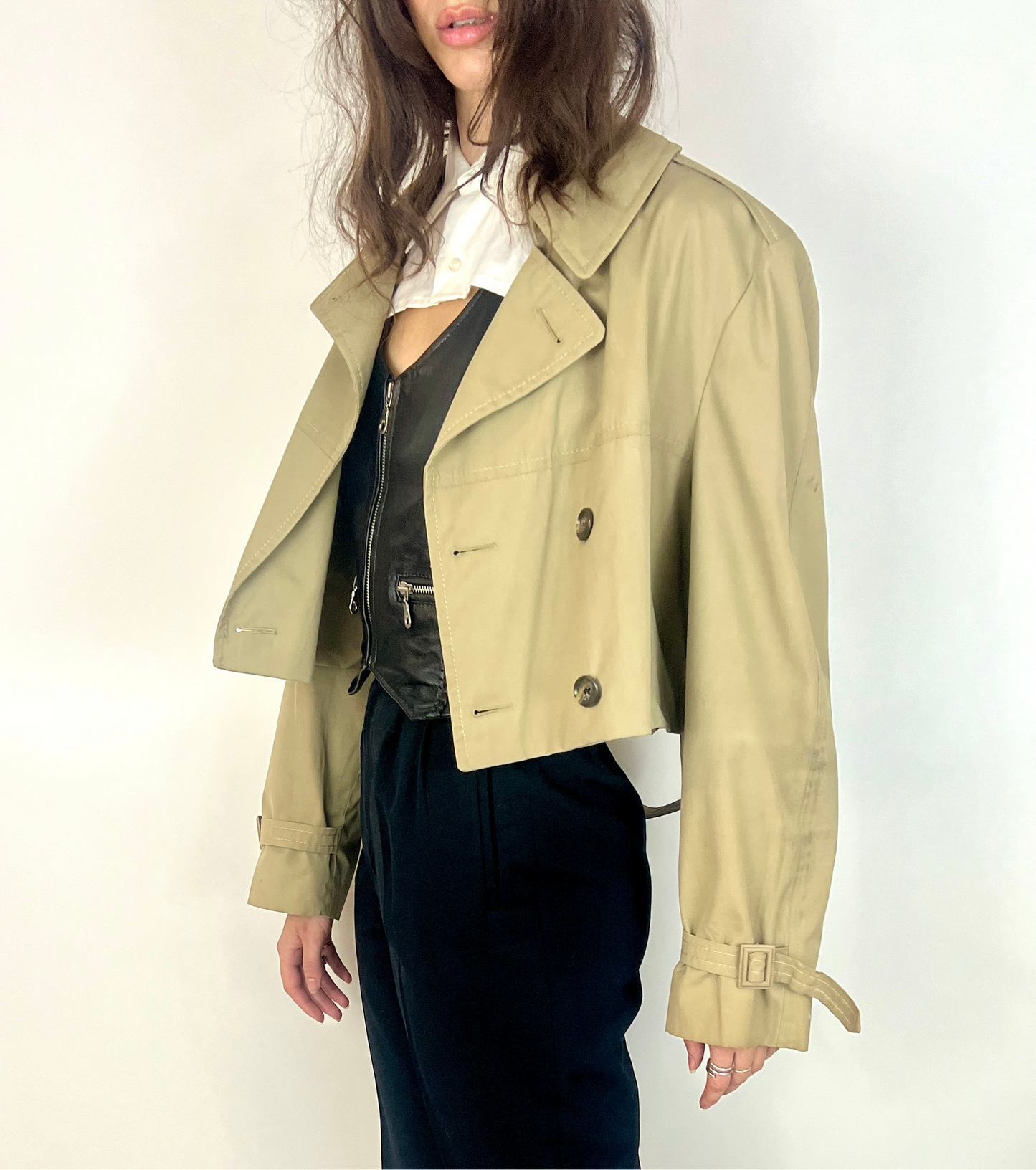 CUSTOM VTG OVERSIZED TRENCH, CROPPED JACKET.