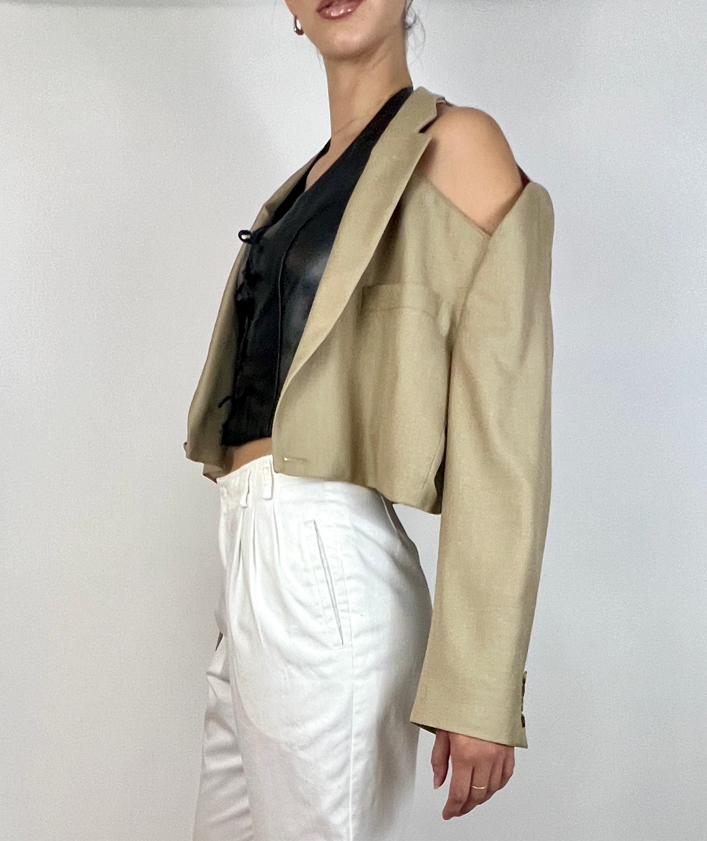 CUSTOM VTG OVERSIZED SILK BLAZER, HUMMUS. CROPPED, OPEN COLLAR