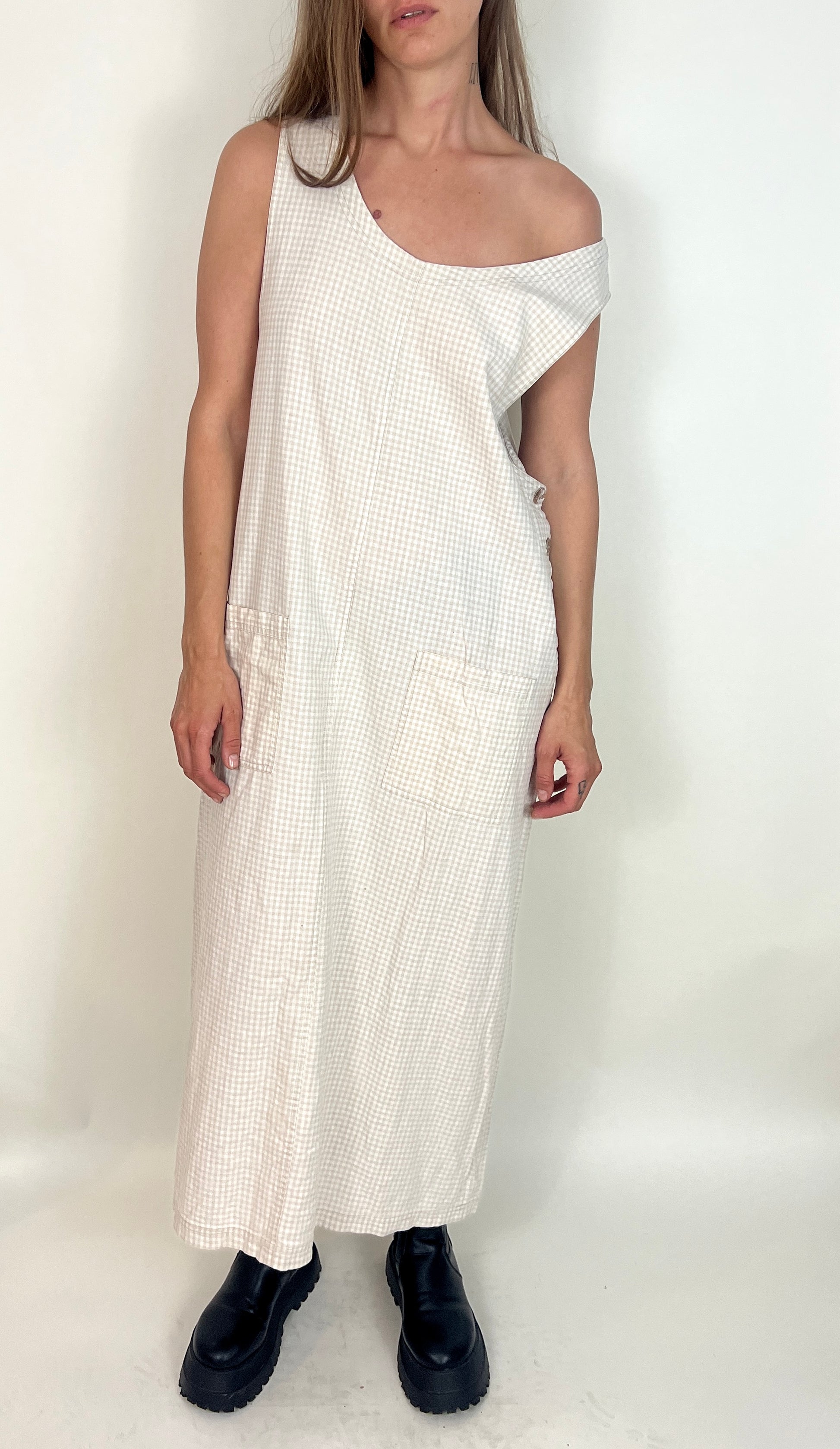 SLINKY LINEN GRUNGE MAXI DRESS, BEIGE GINGHAM MEUTE SLINKY LINEN GRUNGE MAXI DRESS, BEIGE GINGHAM MEUTE