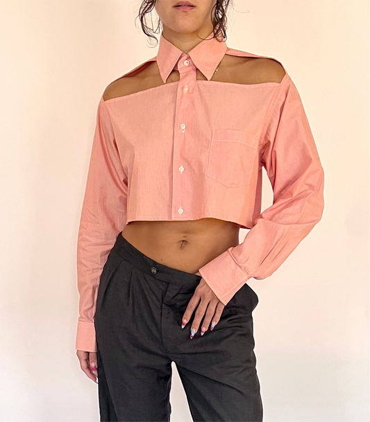 CUSTOM VTG COTTON OXFORD, FALL.  CROPPED, CUT-OUT COLLAR & BACK