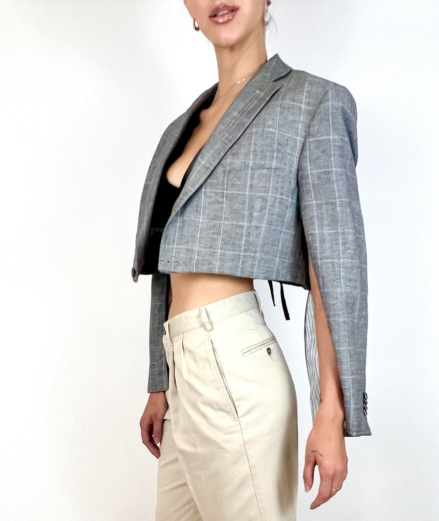 CUSTOM VTG OVERSIZED COTTON BLAZER, CAPE. GREY CHECK PLAID