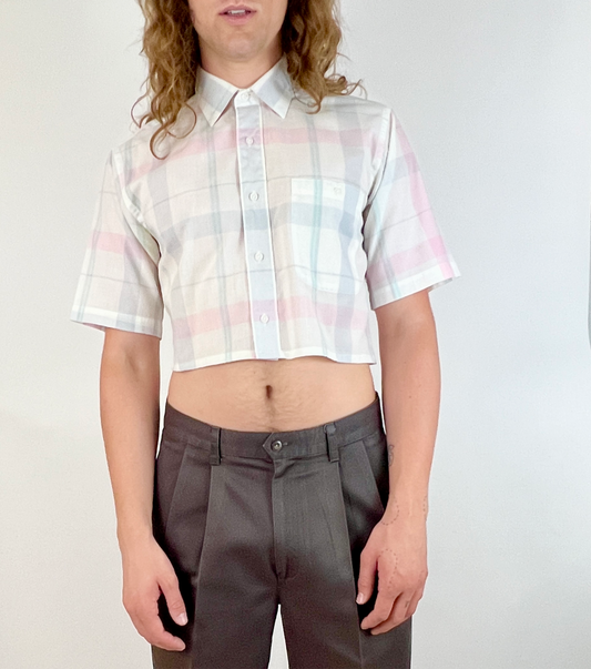 CUSTOM VTG CHRISTIAN DIOR OXFORD, SS PINK/GREY PLAID.  CROPPED