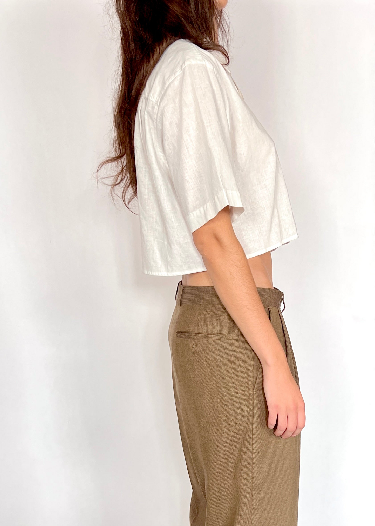 CUSTOM VTG LINEN OXFORD, ICE.  CROPPED, ONE SHOULDER