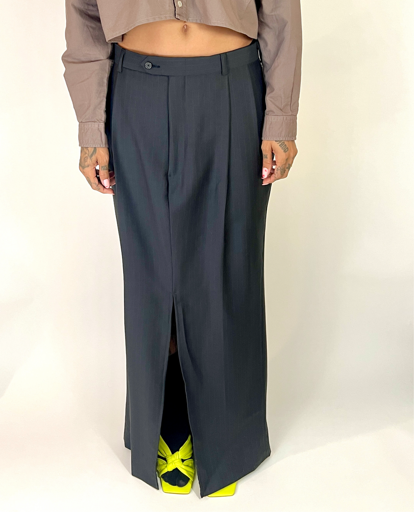 CUSTOM VTG WOOL TROUSER MAXI SKIRT, DEEP GRAY PINSTRIPE