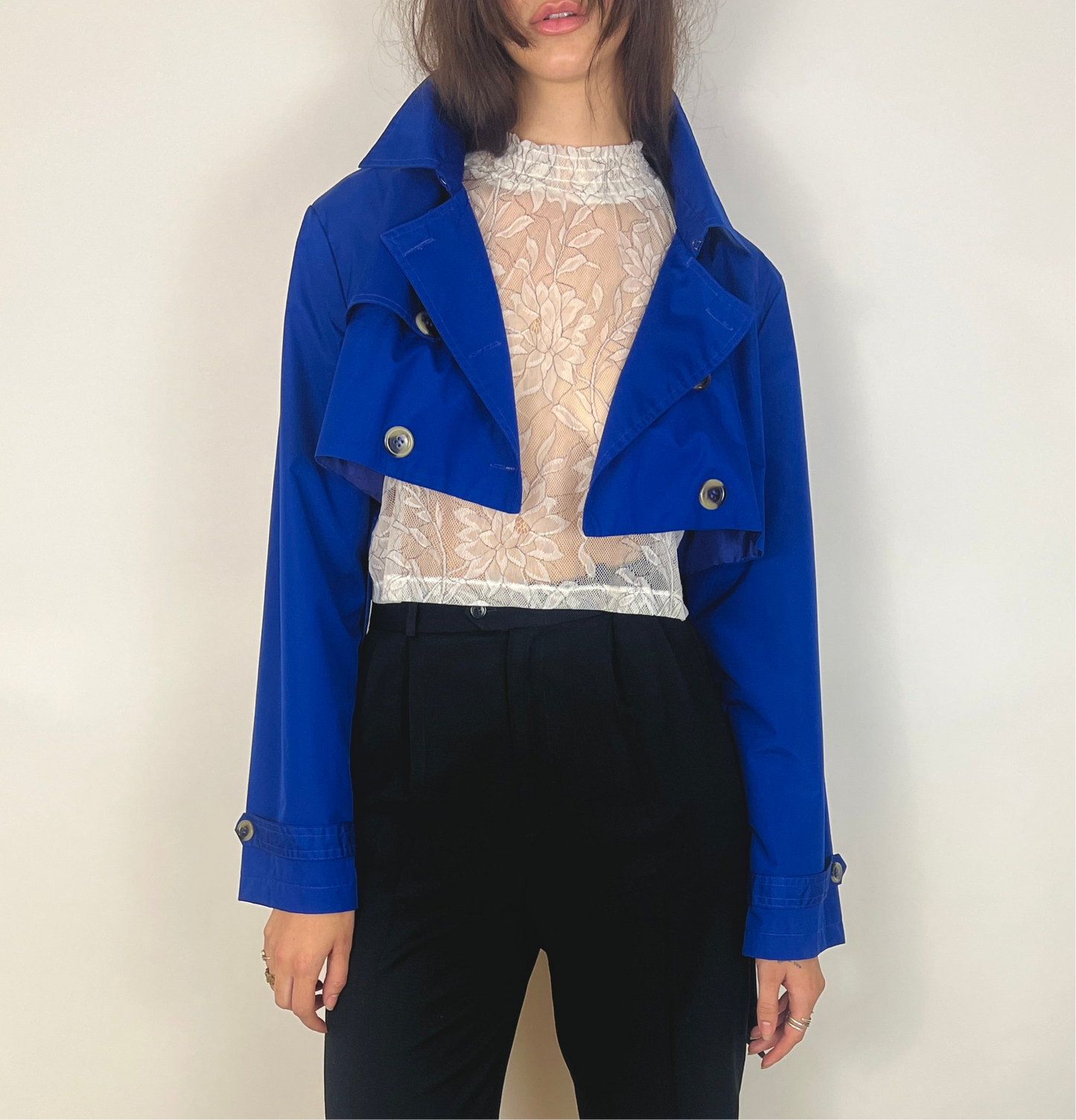 CUSTOM VTG OVERSIZED TRENCH, CROPPED JACKET. LAPIS