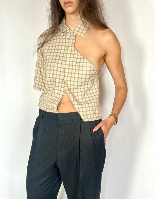 CUSTOM VTG COTTON OXFORD, SEXY BEIGE PLAID.  CROPPED, ONE SHOULDER.