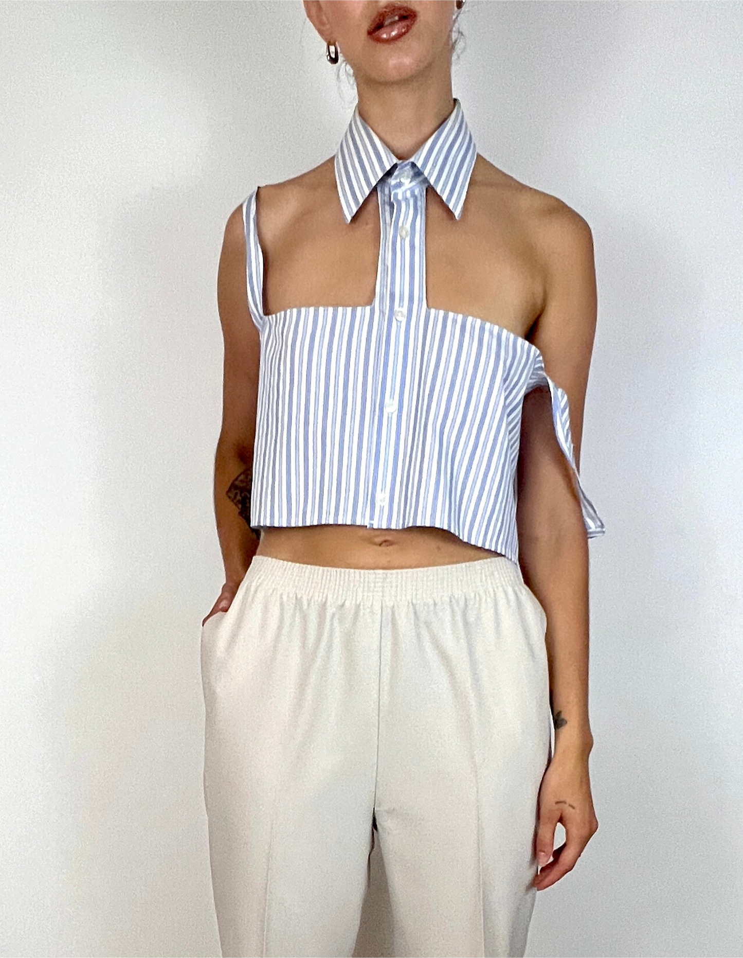 CUSTOM VTG HUGO BOSS COTTON OXFORD, HALTER TANK. BLUE STRIPE