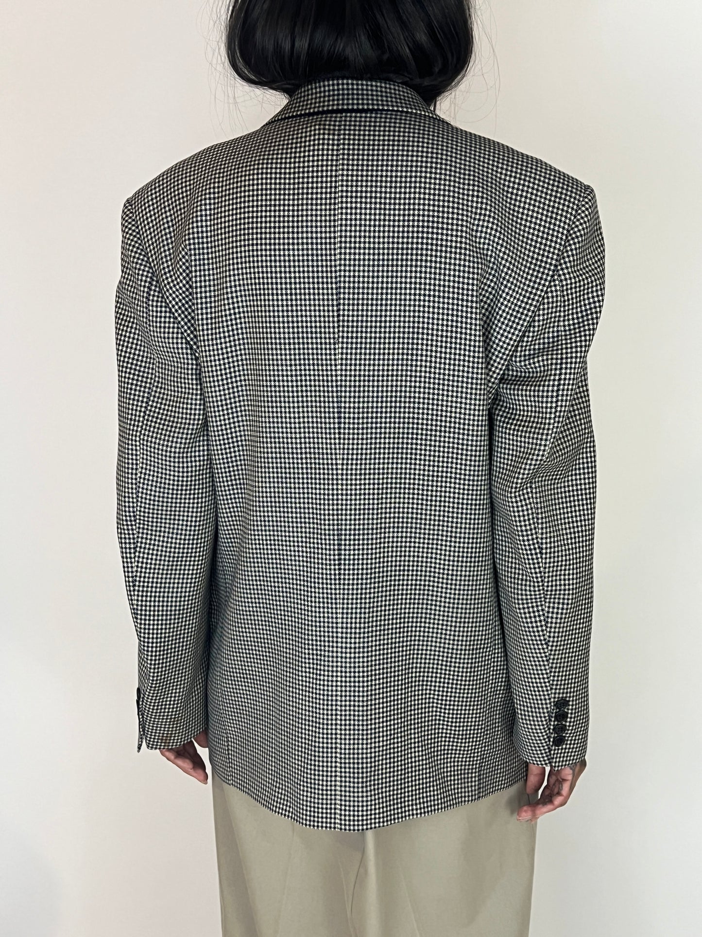 VTG VALENTINO OVERSIZED SILK BLAZER, BLACK/WHITE MICRO PLAID