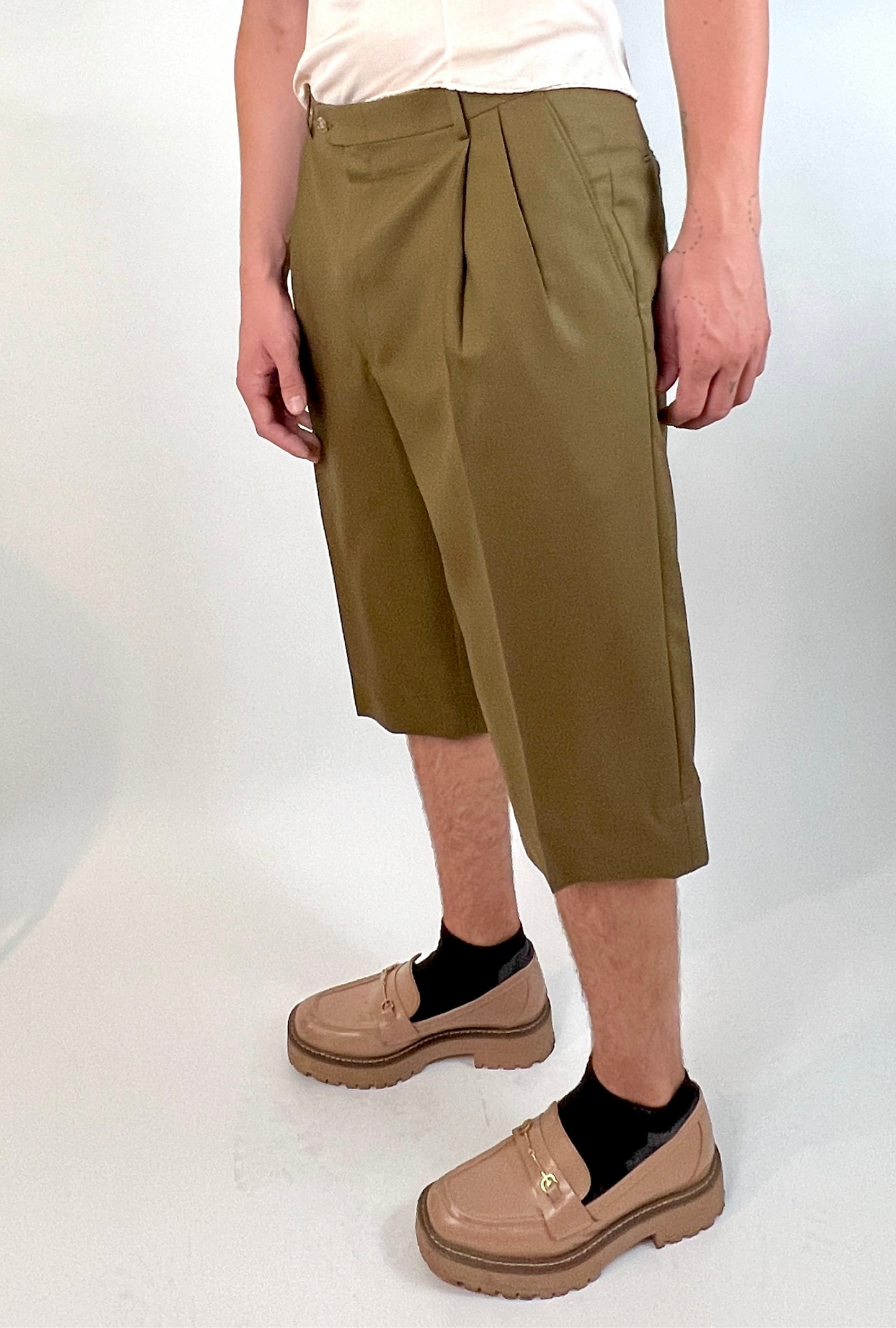 CUSTOM VTG COTTON WIDE LEG LONG SHORTS, KELP