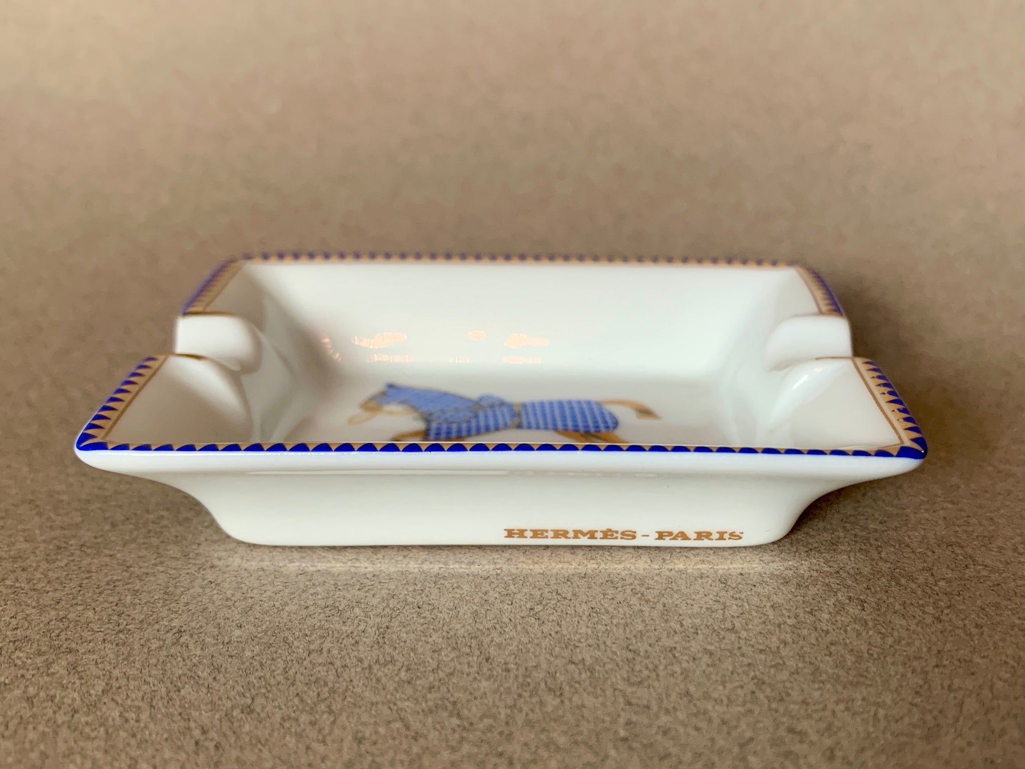 VINTAGE HERMÈS PORCELAIN ASHTRAY, BLUE PLAID