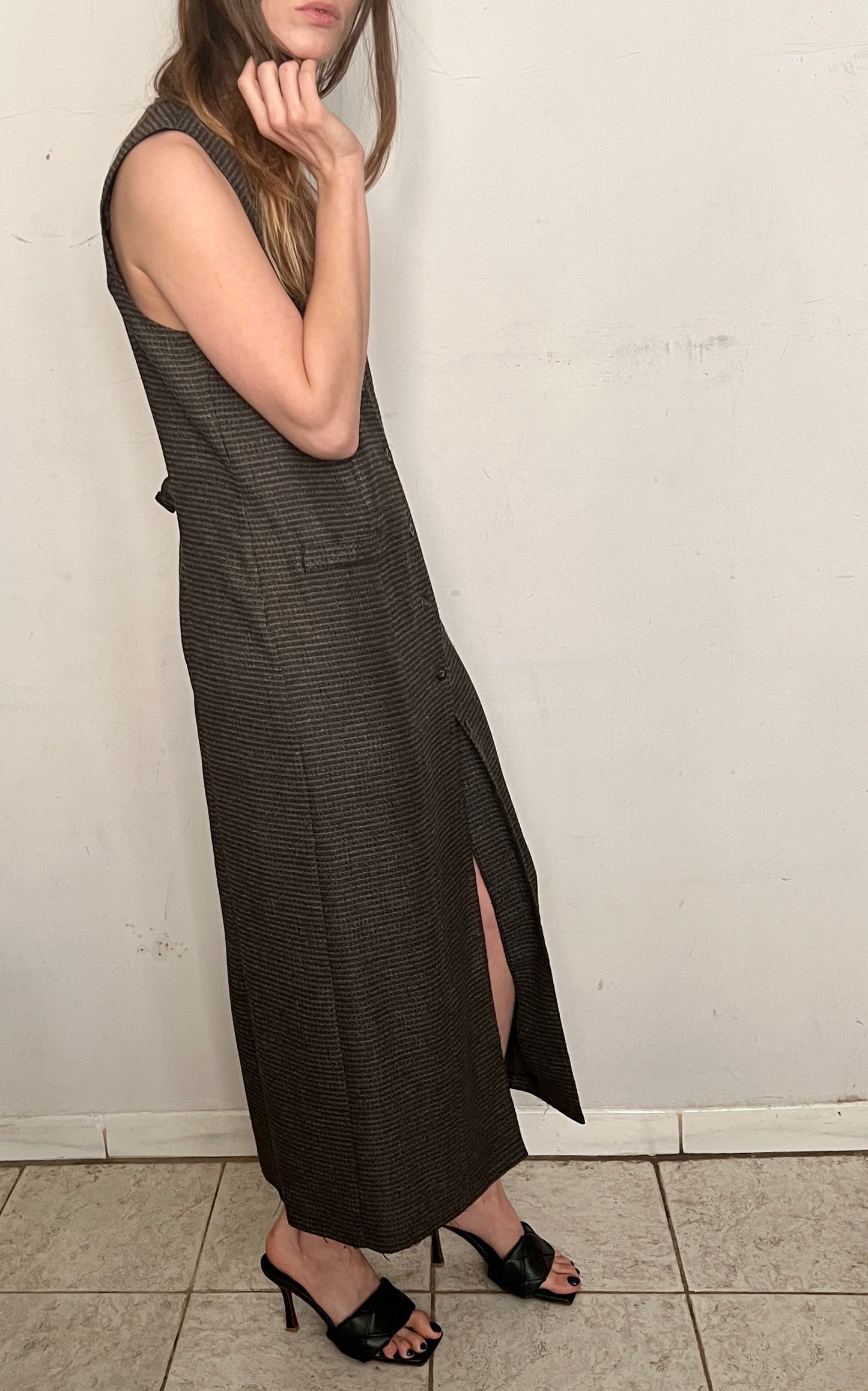 BILLOWY SLINKY MAXI DRESS, BUTTON DOWN