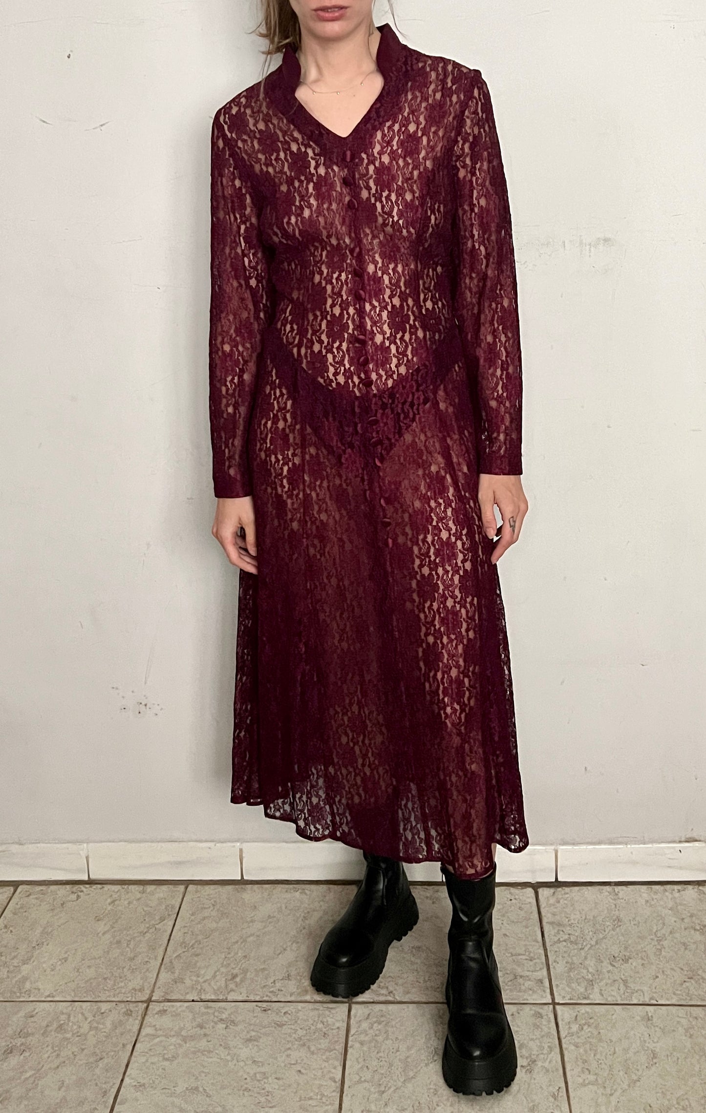 SHEER LACE MAXI DRESS, OXBLOOD