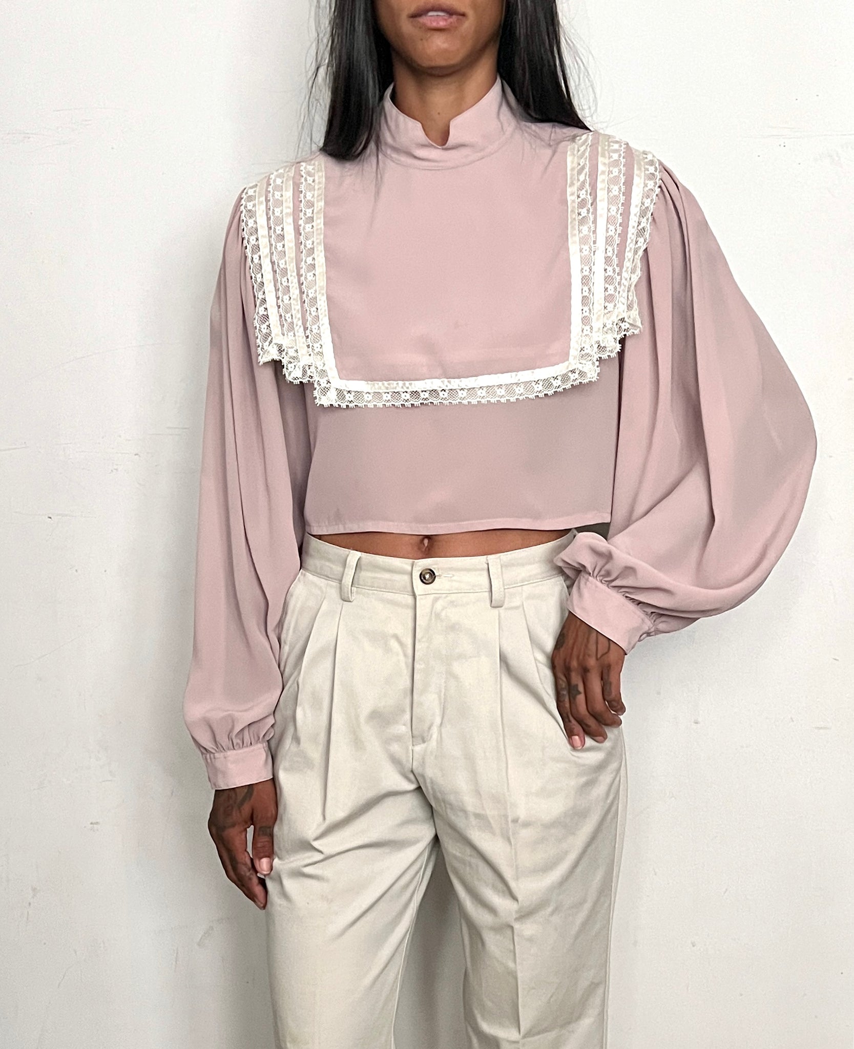 CUSTOM HIGH NECK BLOUSE, TAUPE CREPE