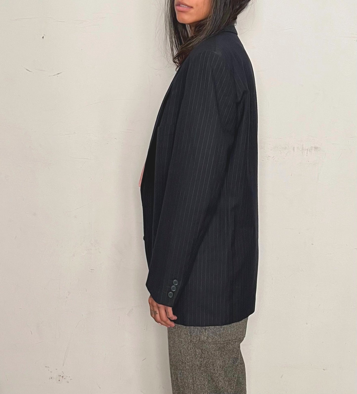 VINTAGE YVES SAINT LAURENT OVERSIZED BLAZER, NAVY PINSTRIPE