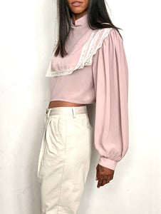 CUSTOM HIGH NECK BLOUSE, TAUPE CREPE