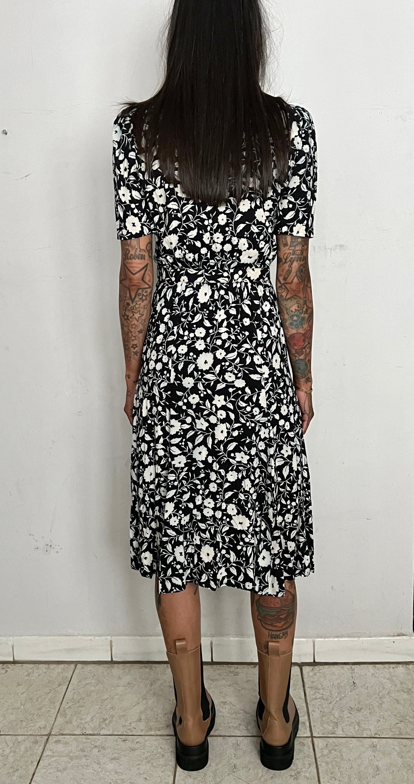 FLORAL LACE MIDI DRESS, NAVY