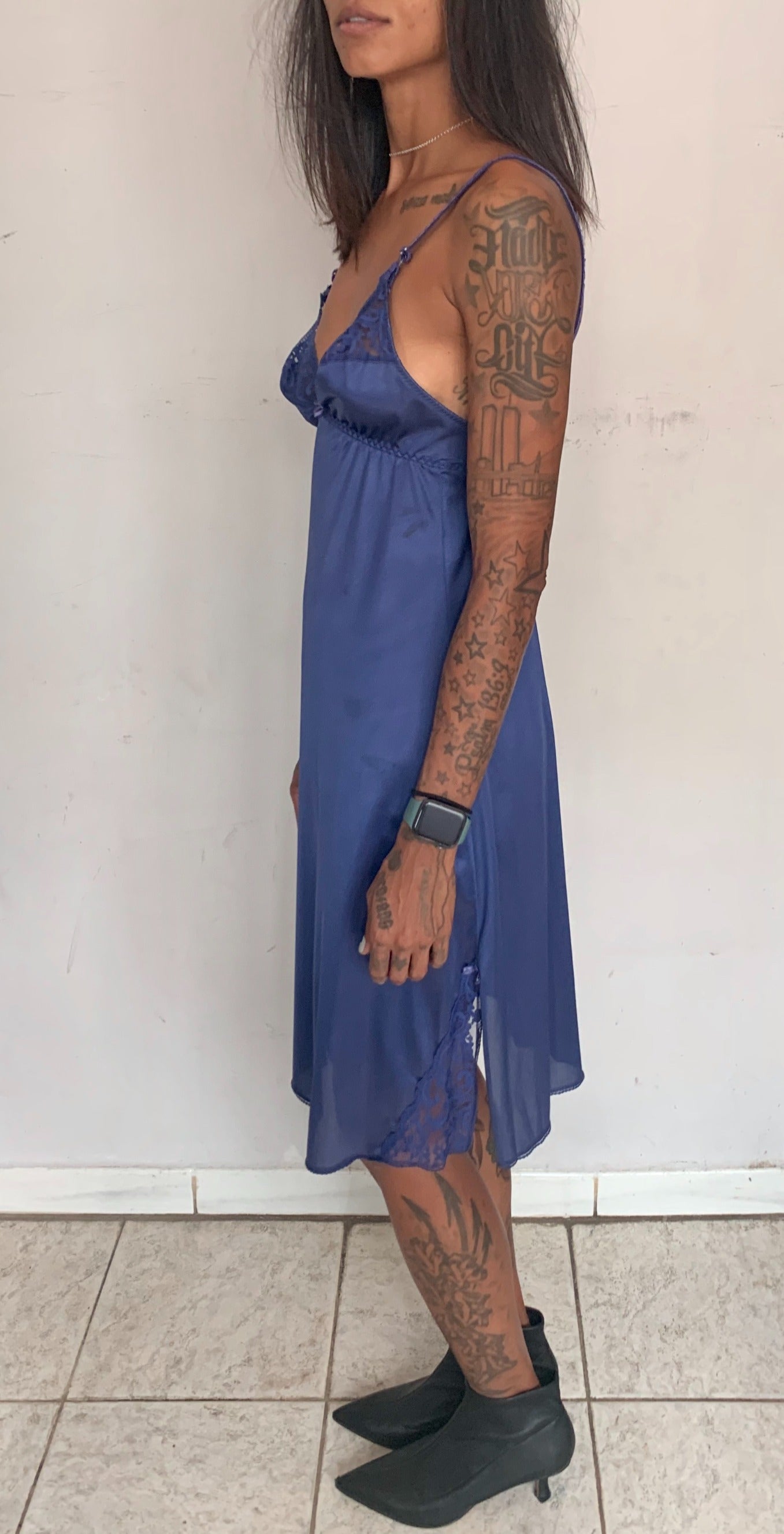 SLINKY LACE SLIP DRESS, LAPIS