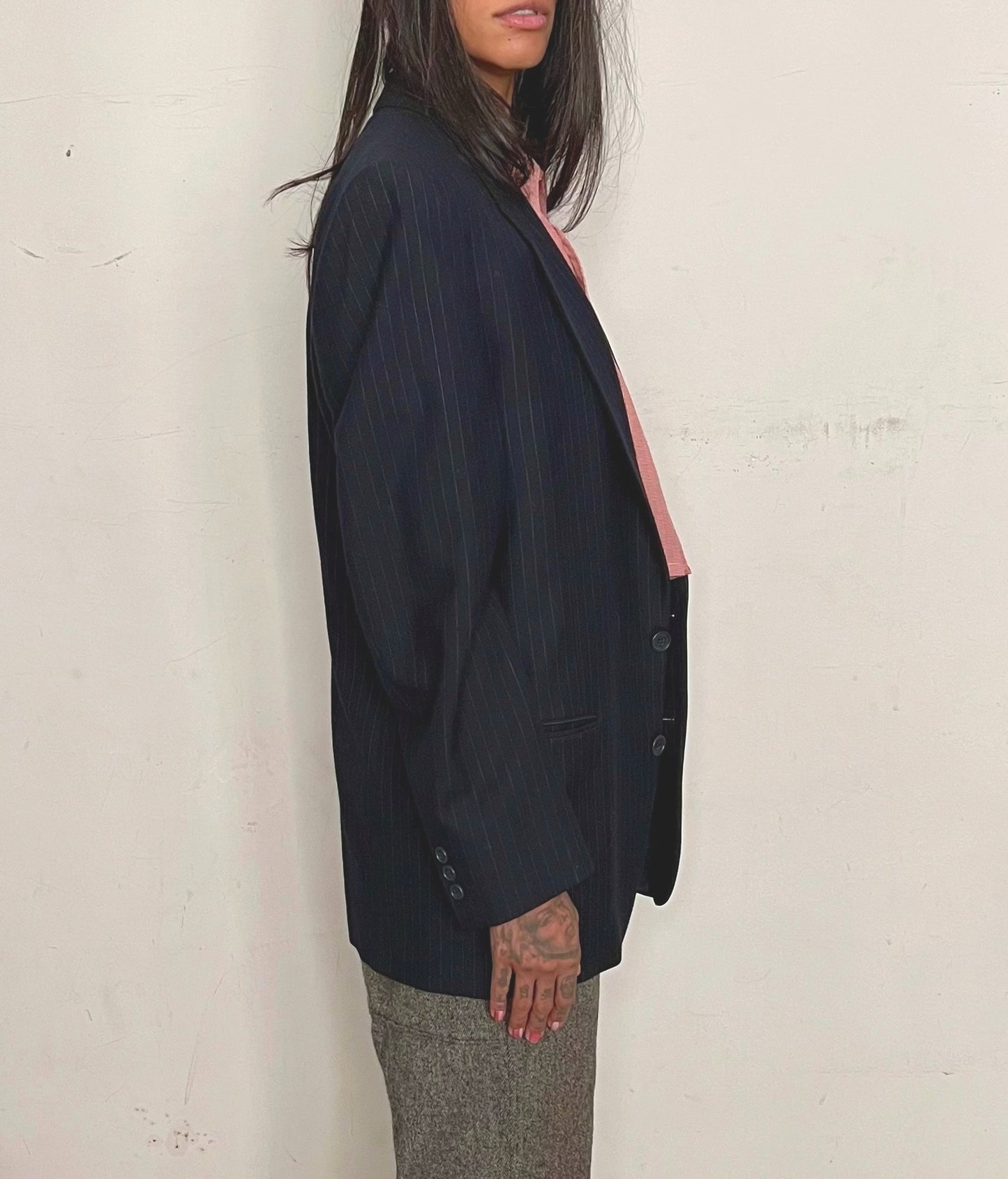 VINTAGE YVES SAINT LAURENT OVERSIZED BLAZER, NAVY PINSTRIPE