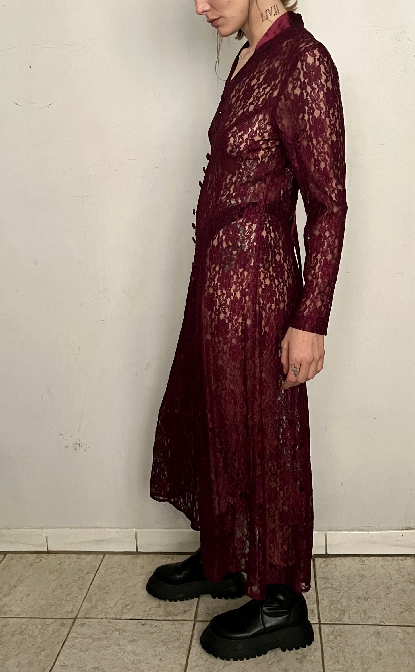 SHEER LACE MAXI DRESS, OXBLOOD