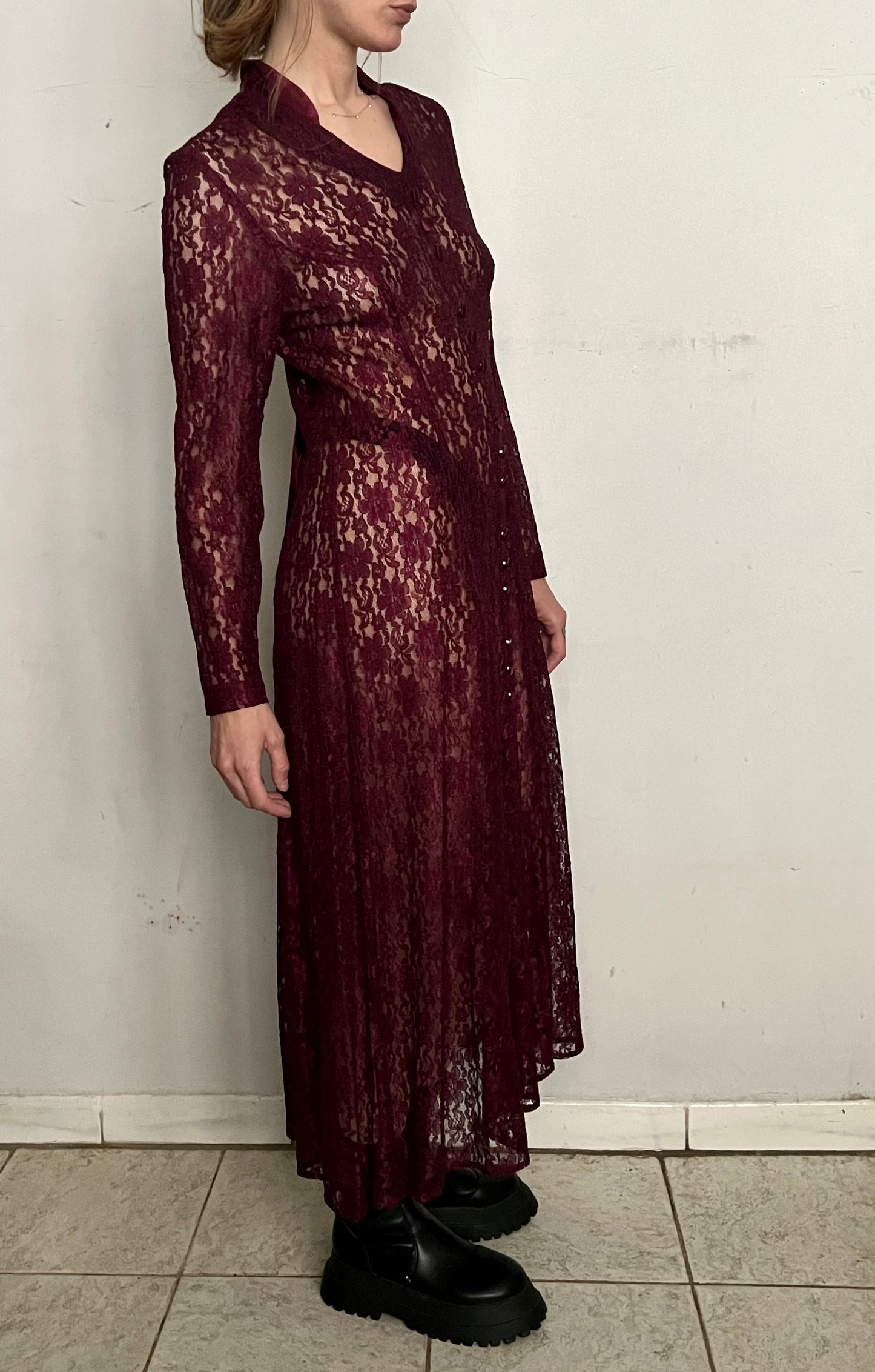 SHEER LACE MAXI DRESS, OXBLOOD