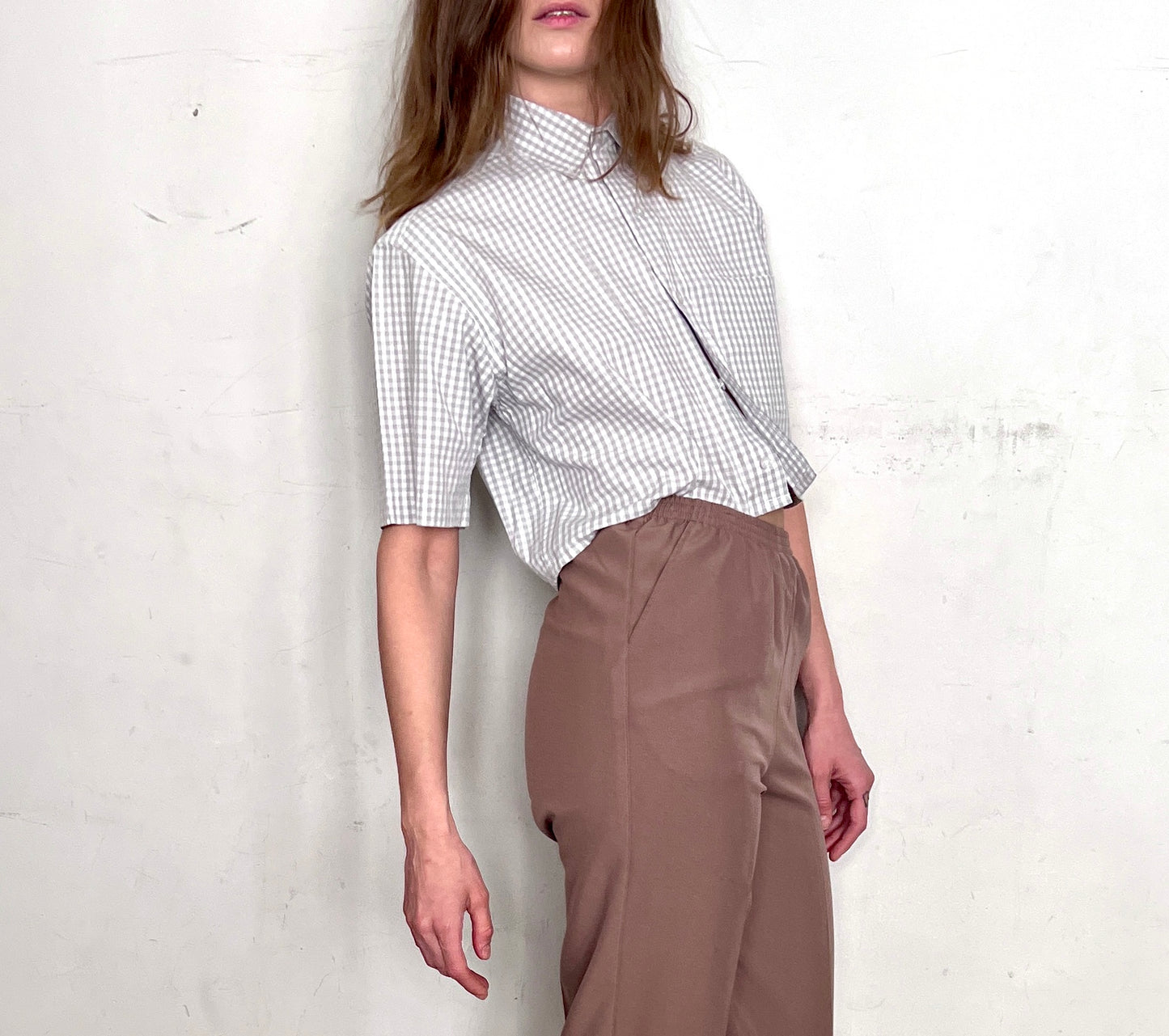 CUSTOM CROPPED BLOUSE, WHITE/GRAY GINGHAM