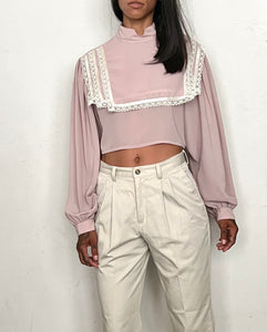 CUSTOM HIGH NECK BLOUSE, TAUPE CREPE