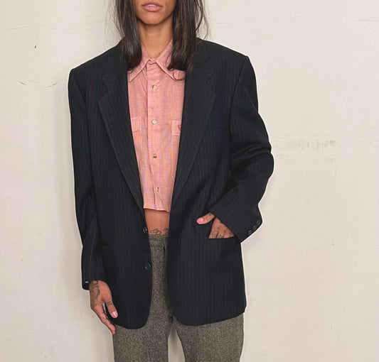 VINTAGE YVES SAINT LAURENT OVERSIZED BLAZER, NAVY PINSTRIPE