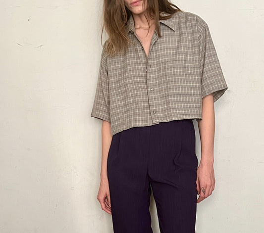 CUSTOM CROPPED BUTTON DOWN, TAUPE PLAIDS