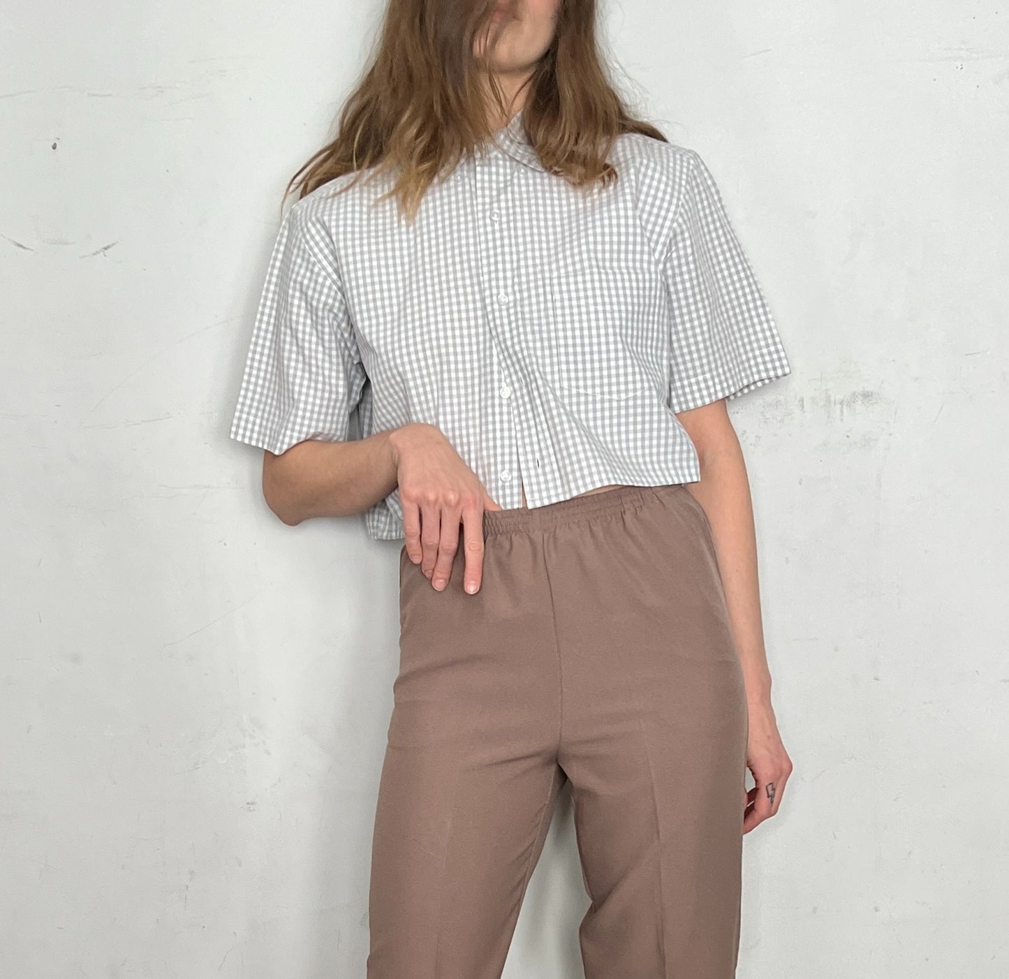 CUSTOM CROPPED BLOUSE, WHITE/GRAY GINGHAM