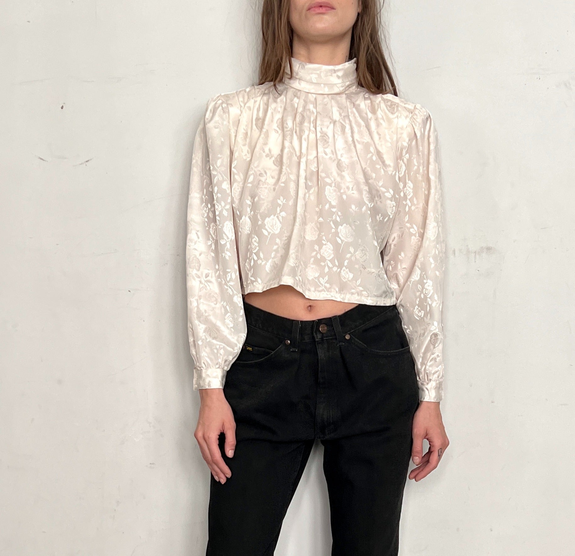 CUSTOM HIGH NECK BLOUSE, FLORAL PEARL