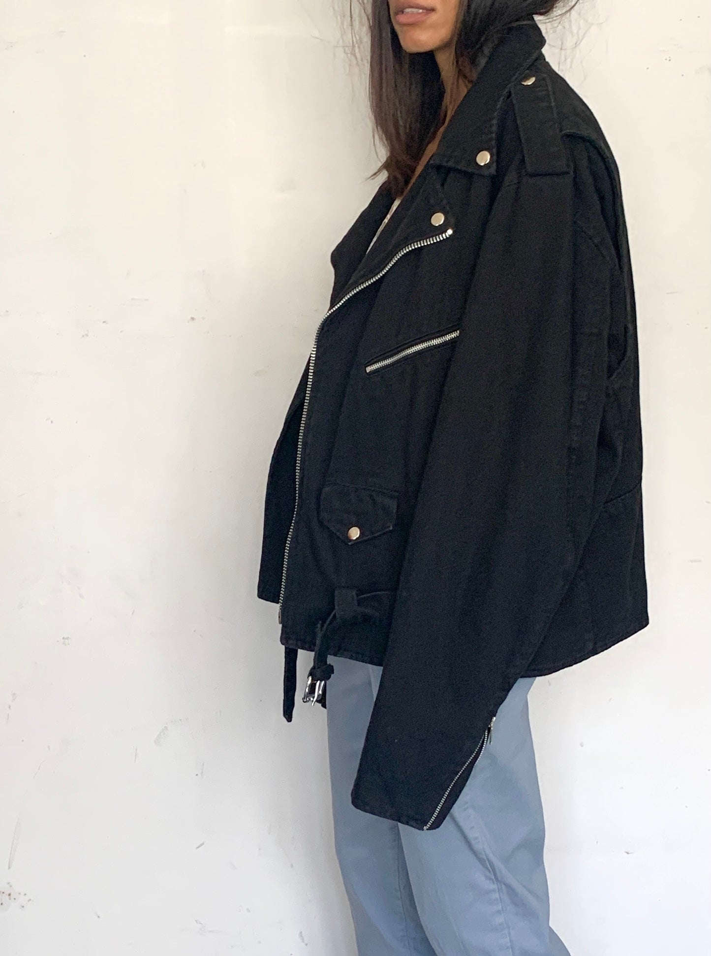 OVERSIZED COTTON DENIM MOTO JACKET, NIGHT