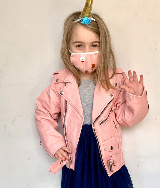 KIDS LEATHER MOTO, BLACK, WHITE & POWDER PINK