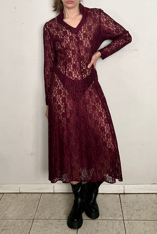 SHEER LACE MAXI DRESS, OXBLOOD