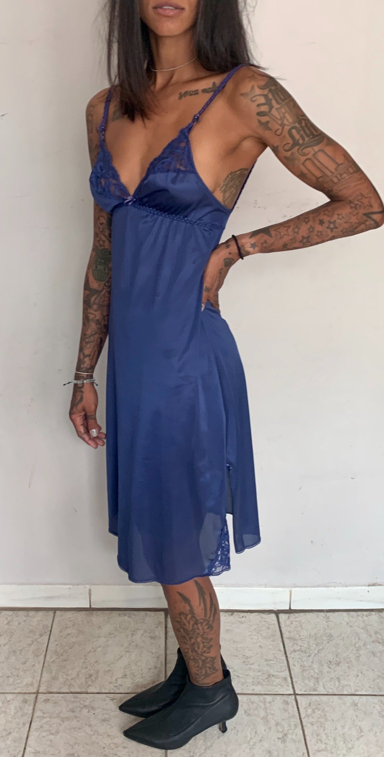 SLINKY LACE SLIP DRESS, LAPIS