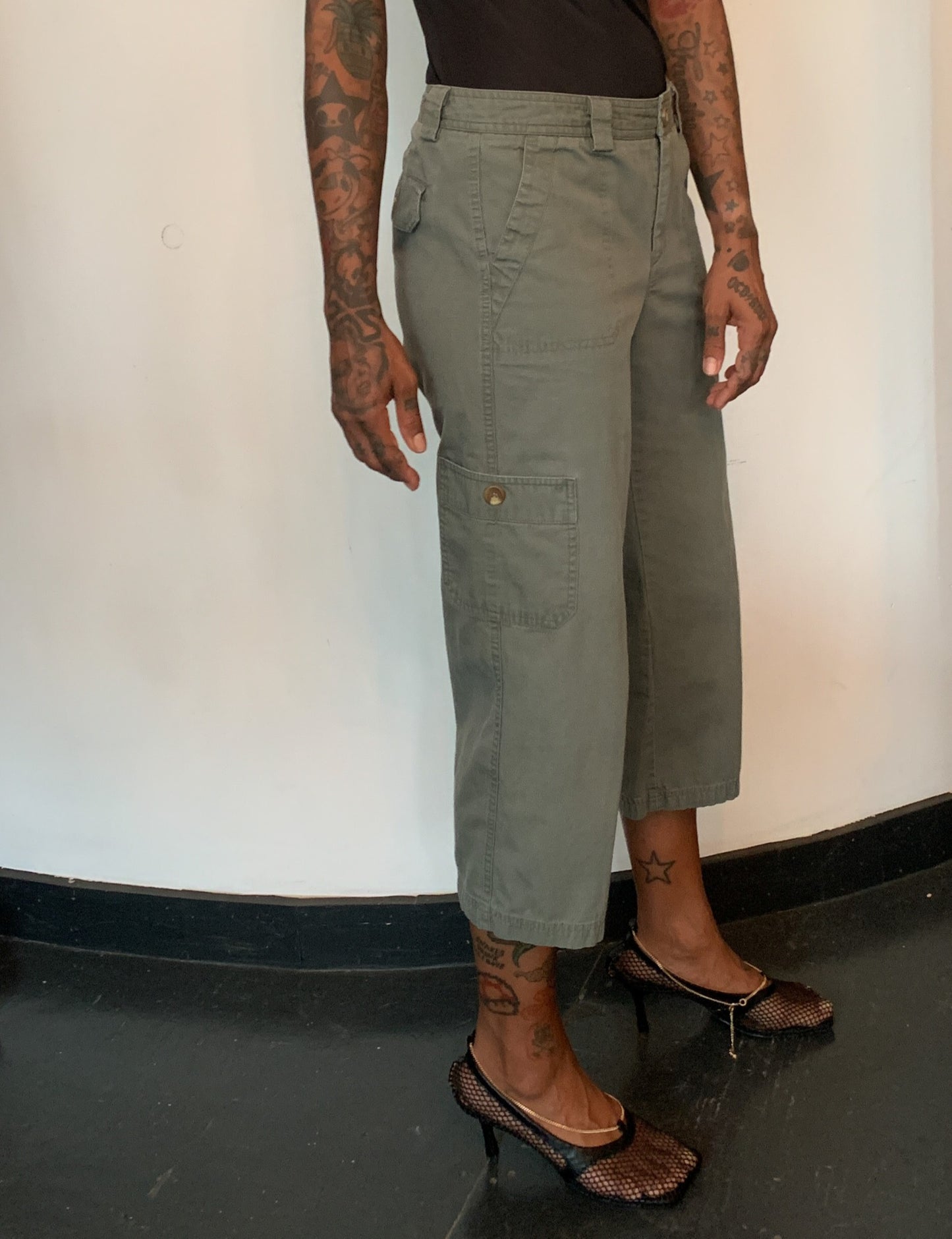 CROPPED DENIM TROUSERS, GREEN CARGO