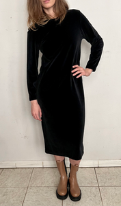 BILLOWY SLINKY MIDI DRESS, BLACK VELVET