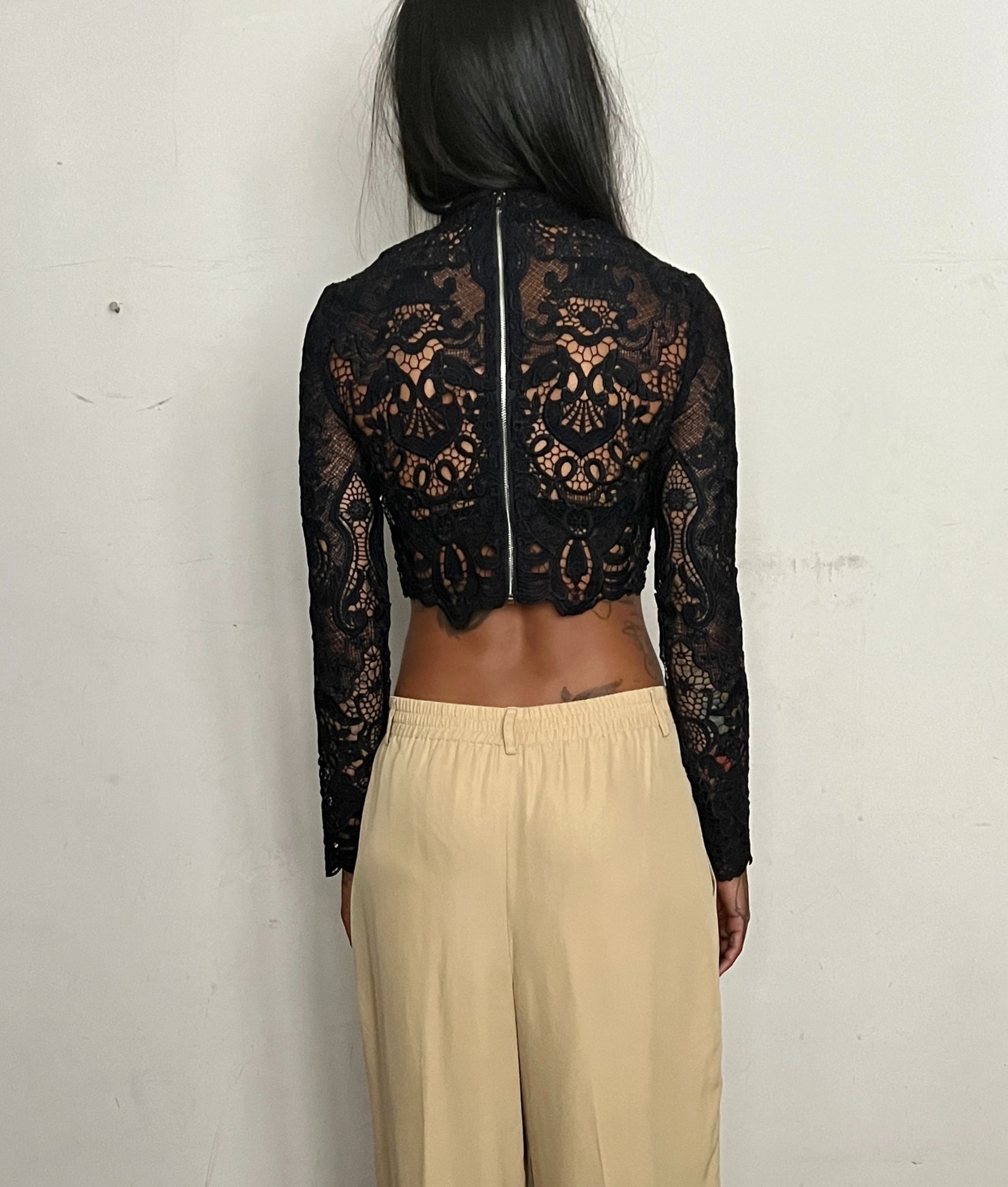 CUSTOM CROPPED HIGH NECK BLOUSE, BLACK LACE