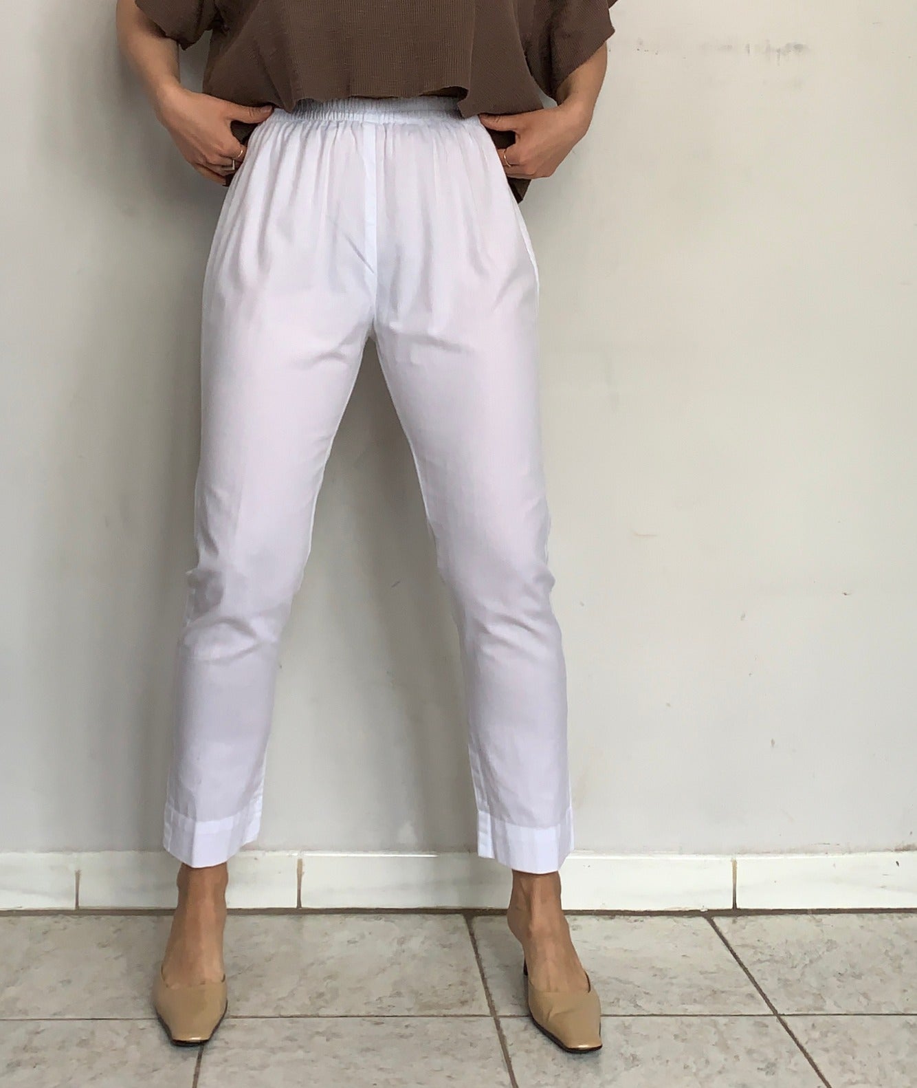 SNOWY HIGH RISE ELASTIC TROUSERS