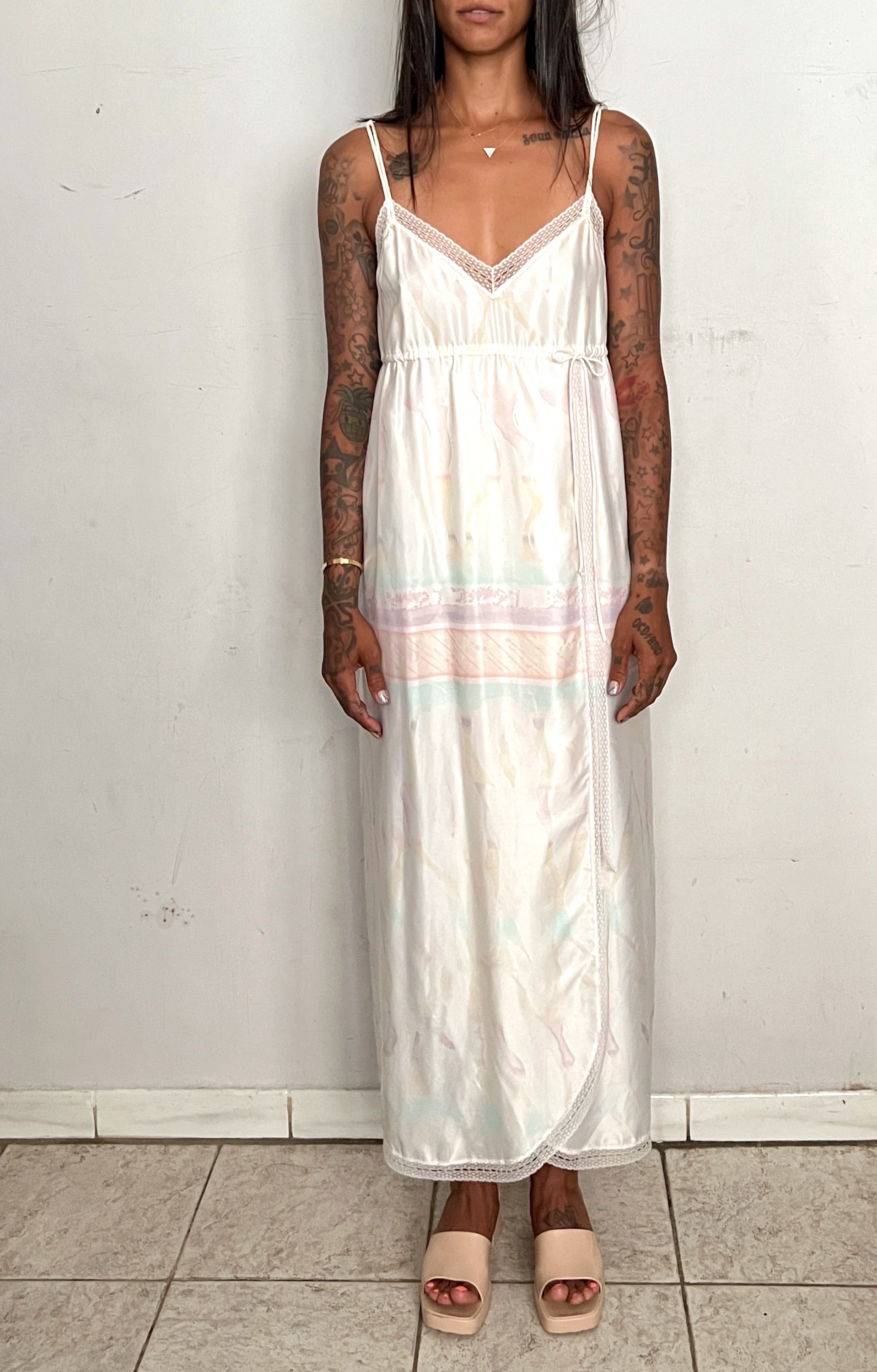 70S DESIGNER SLIP DRESS, PASTEL PRINT
