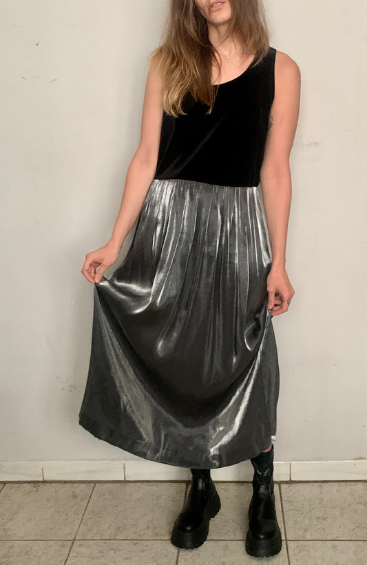BILLOWY SLINKY MAXI DRESS, VELVET & SILVER
