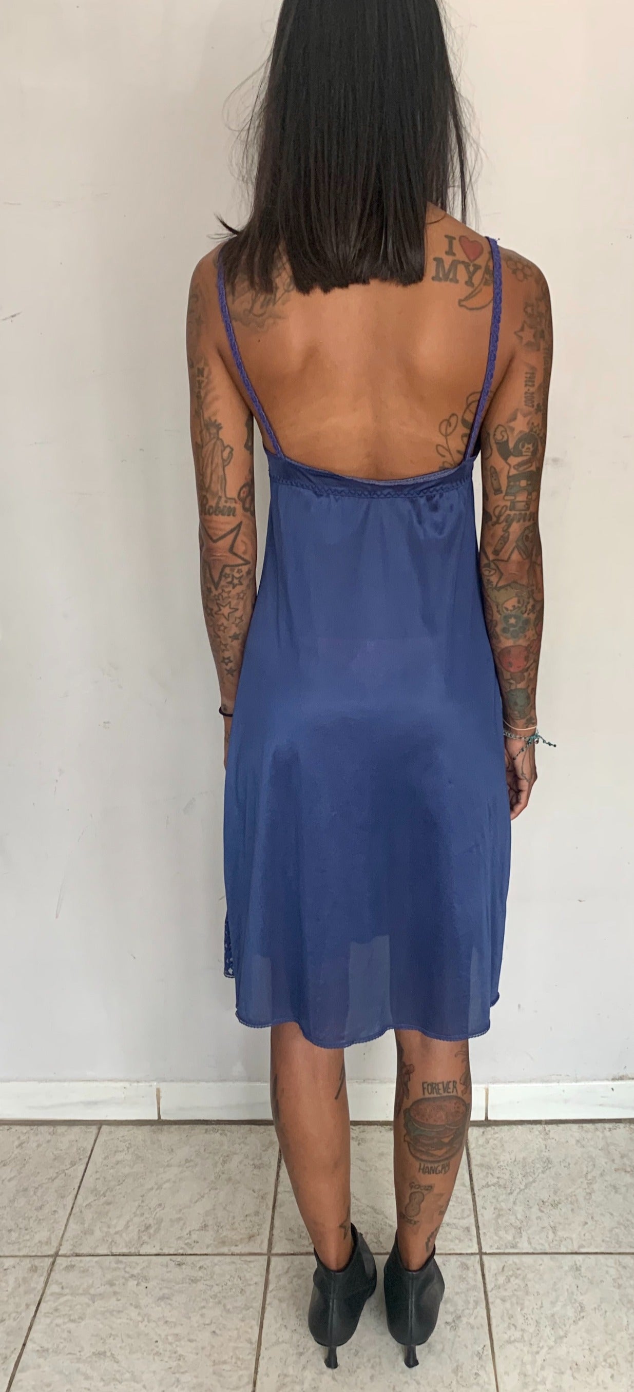 SLINKY LACE SLIP DRESS, LAPIS