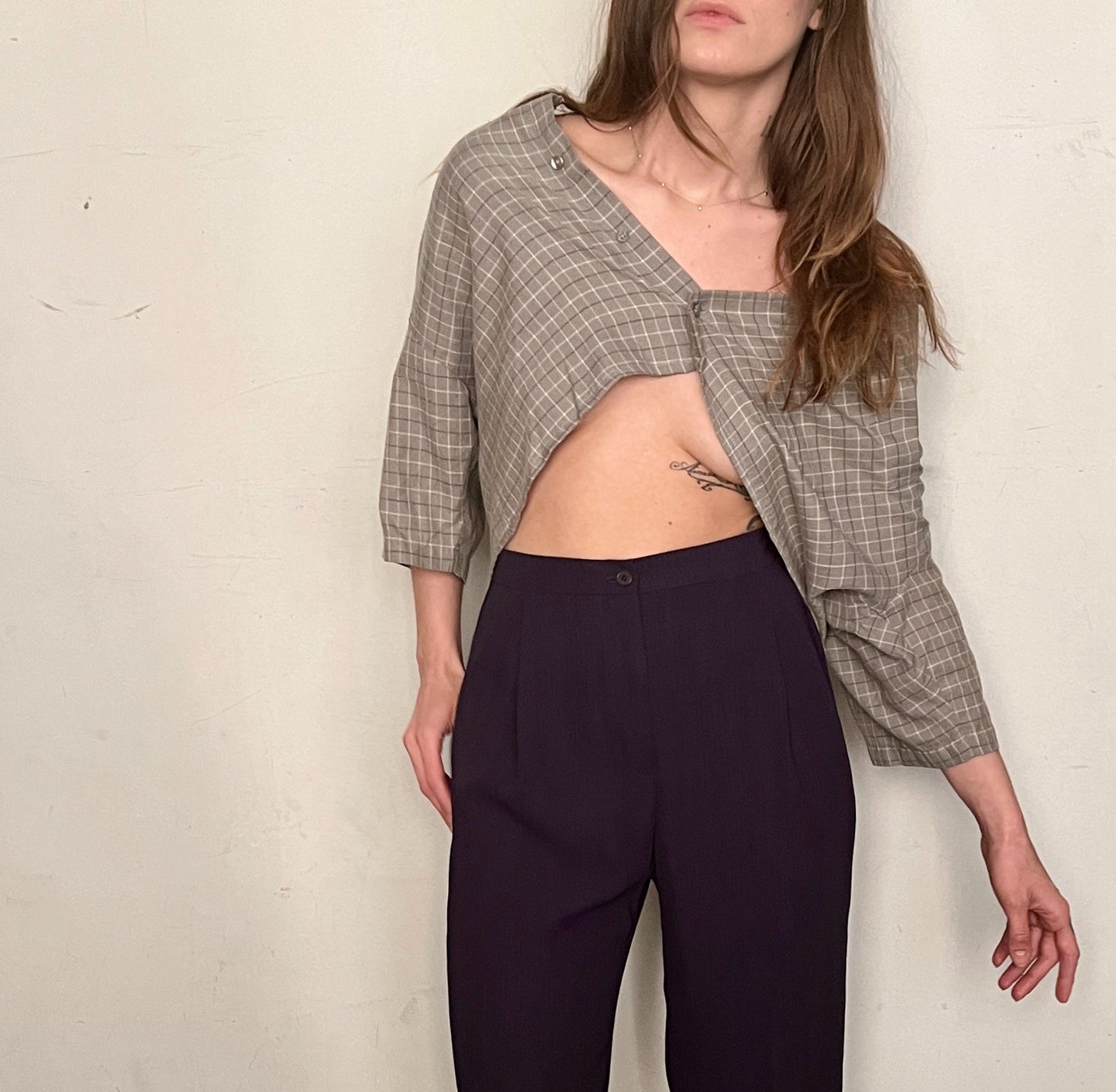 CUSTOM CROPPED BUTTON DOWN, TAUPE PLAIDS